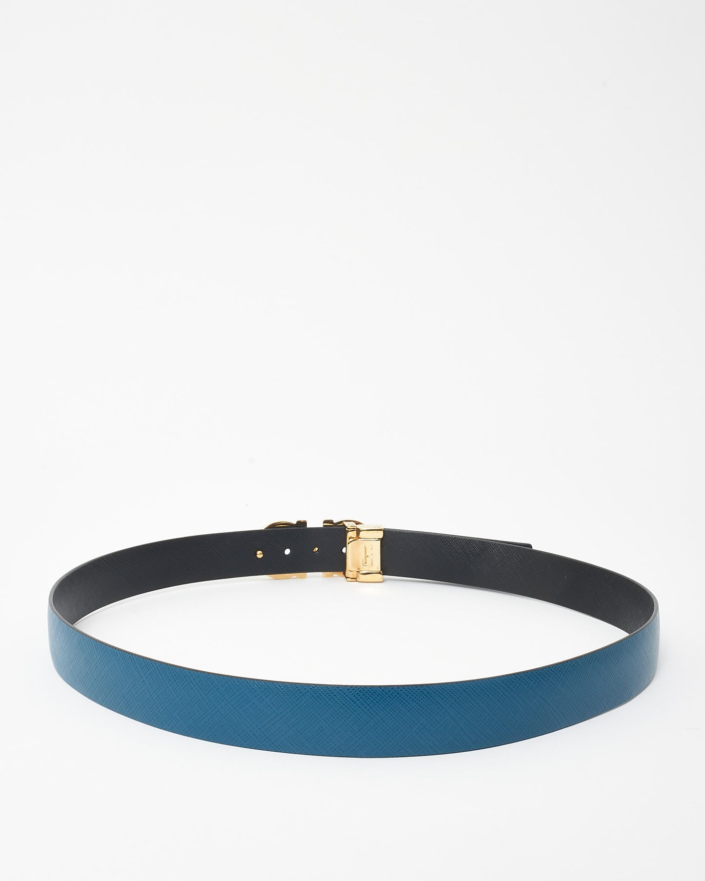 Salvatore Ferragamo Blue 
Black Leather Logo Reversible Belt - 80