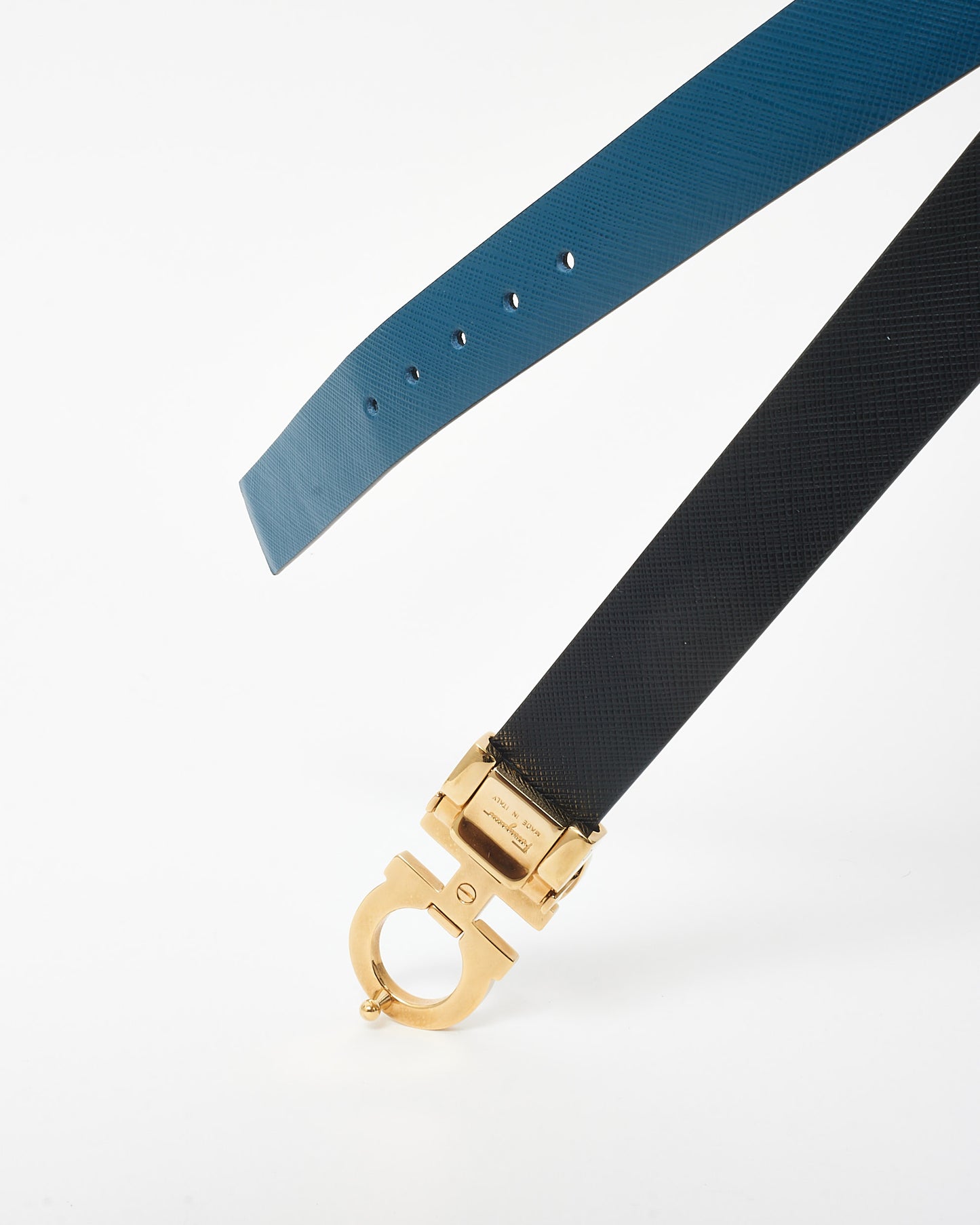 Salvatore Ferragamo Blue 
Black Leather Logo Reversible Belt - 80