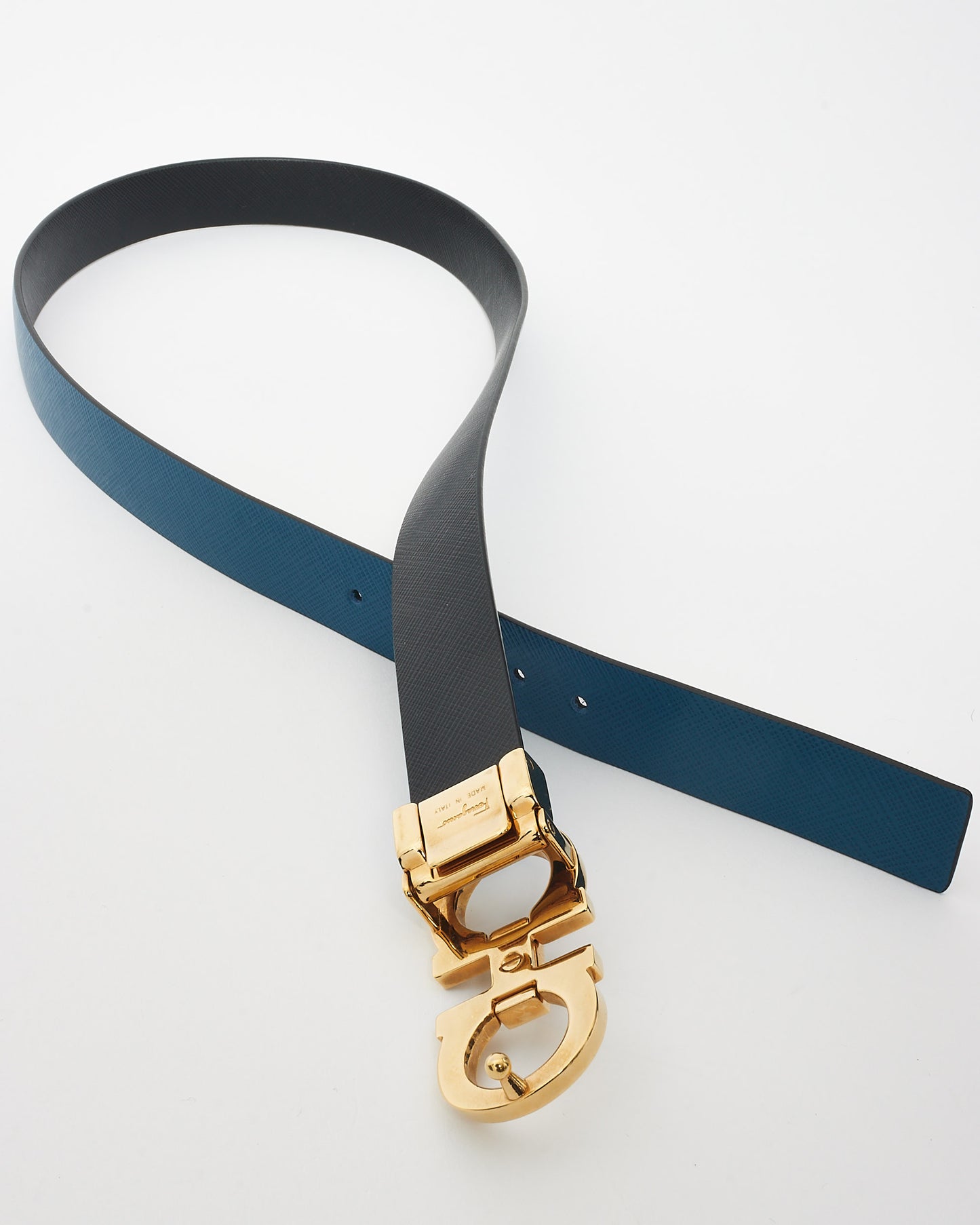 Salvatore Ferragamo Blue 
Black Leather Logo Reversible Belt - 80