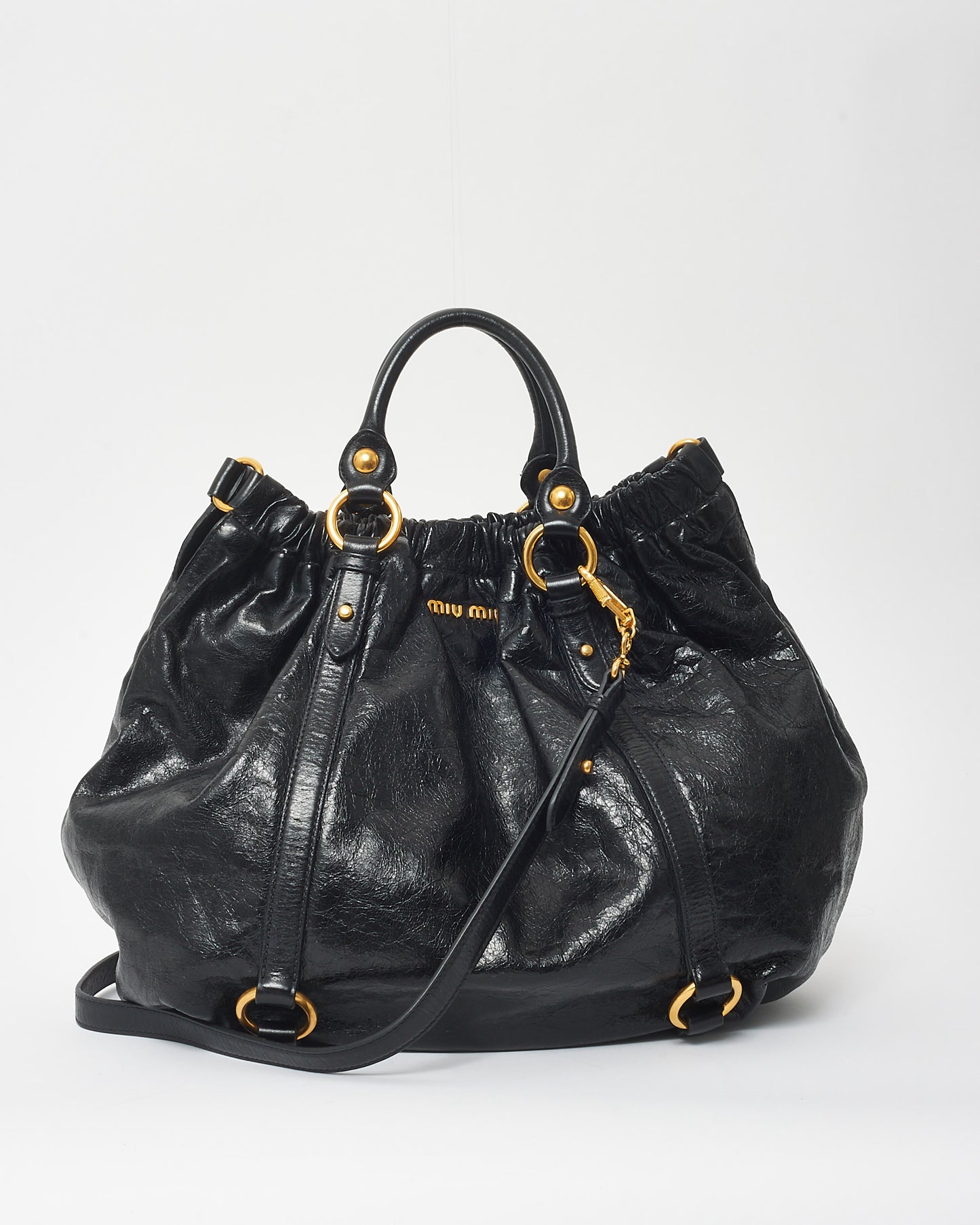 Miu Miu Vintage Black Vitello Leather Rushed Slouch 2Way Bag