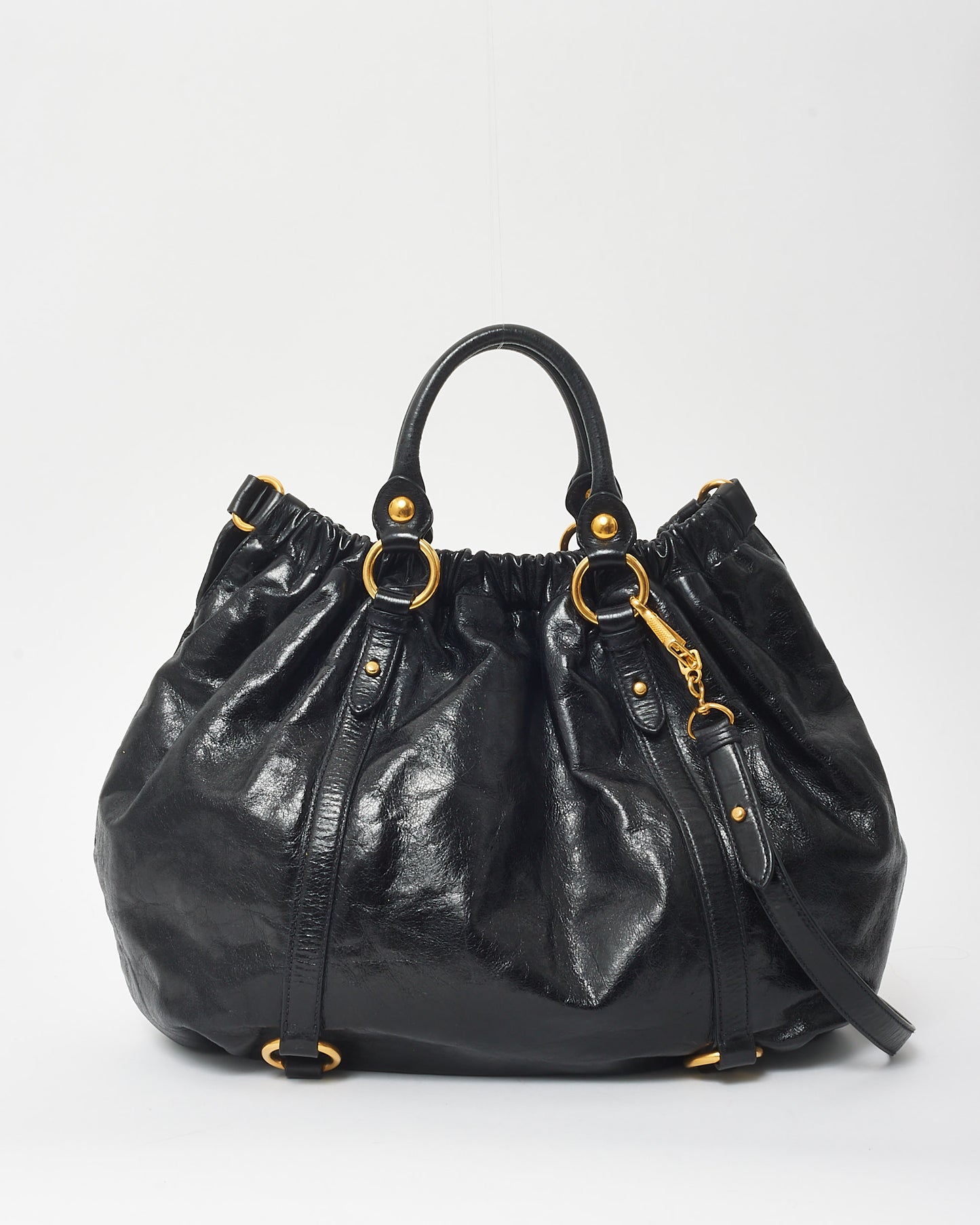 Miu Miu Vintage Black Vitello Leather Rushed Slouch 2Way Bag