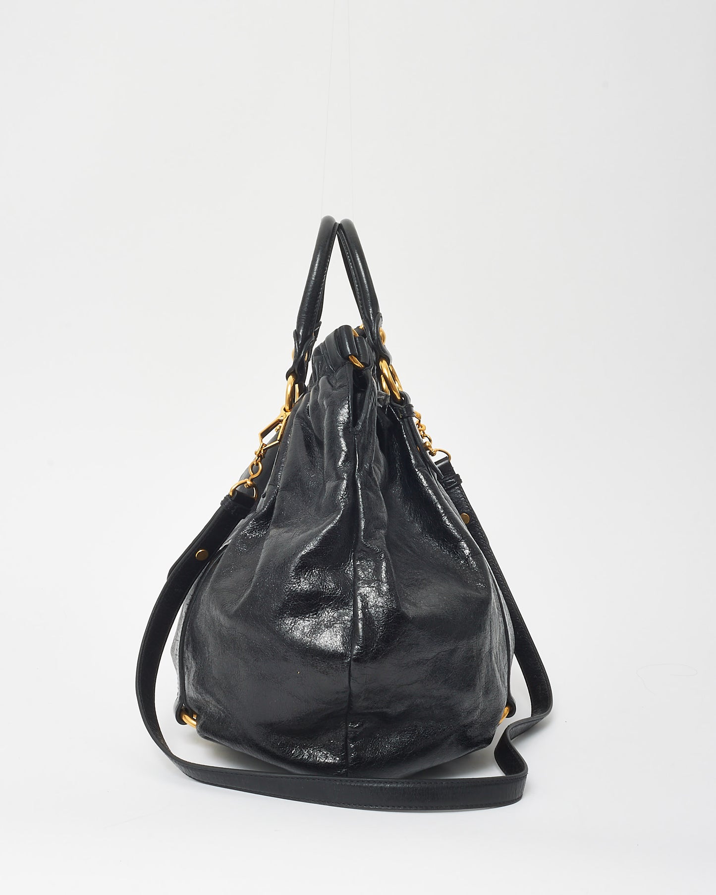 Miu Miu Vintage Black Vitello Leather Rushed Slouch 2Way Bag