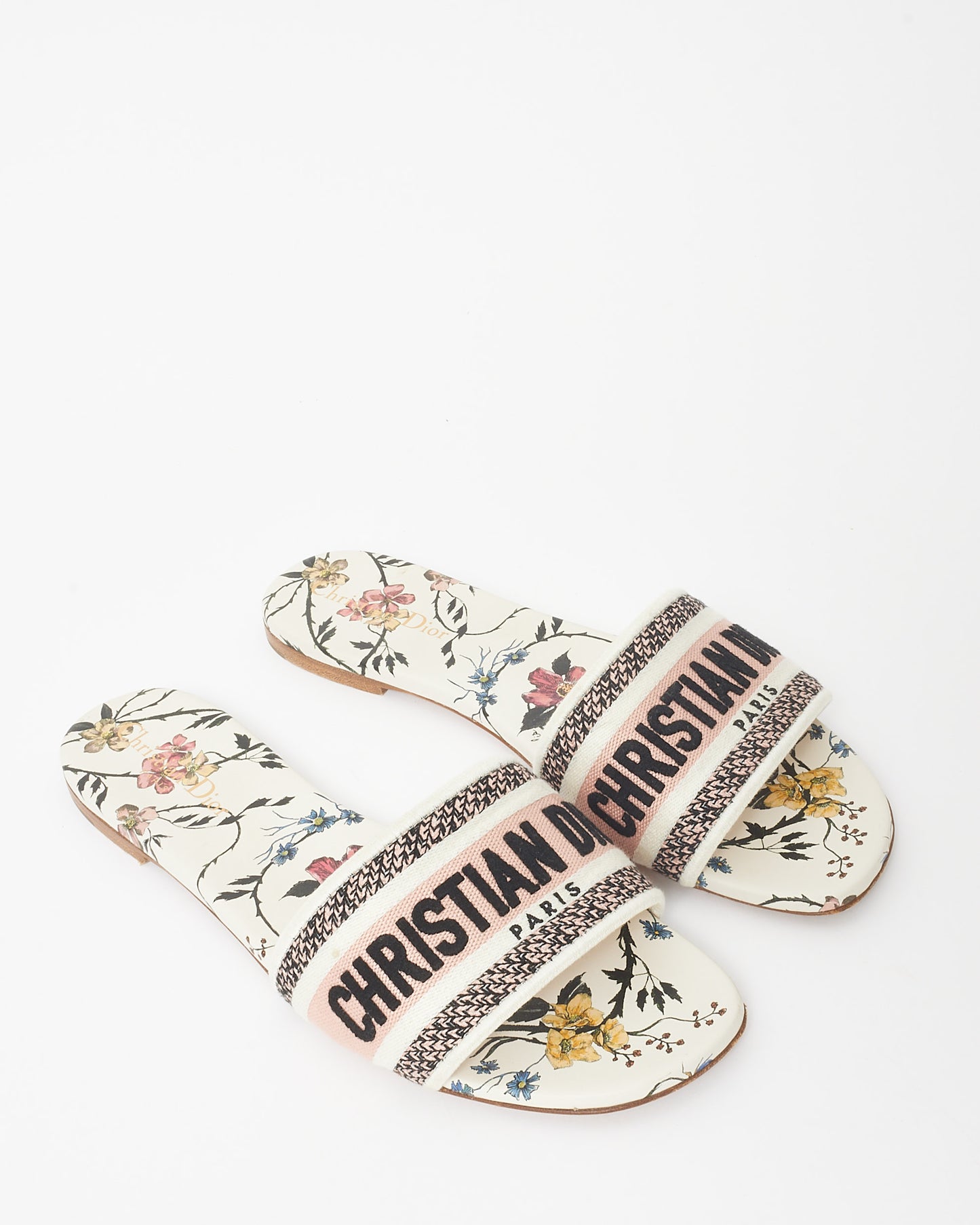 Dior White 
Pink Floral Logo Embroidered D Way Slide - 41