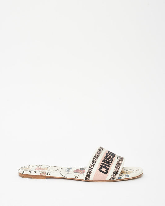 Dior White 
Pink Floral Logo Embroidered D Way Slide - 41