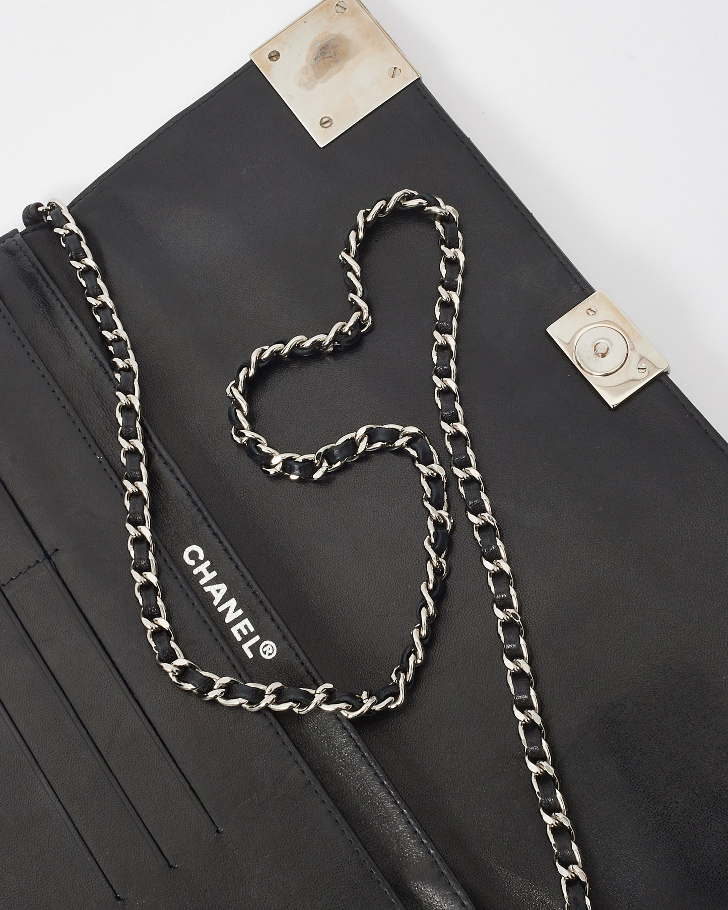 Chanel Black Patent Leather Chocolate Bar Clutch On Chain