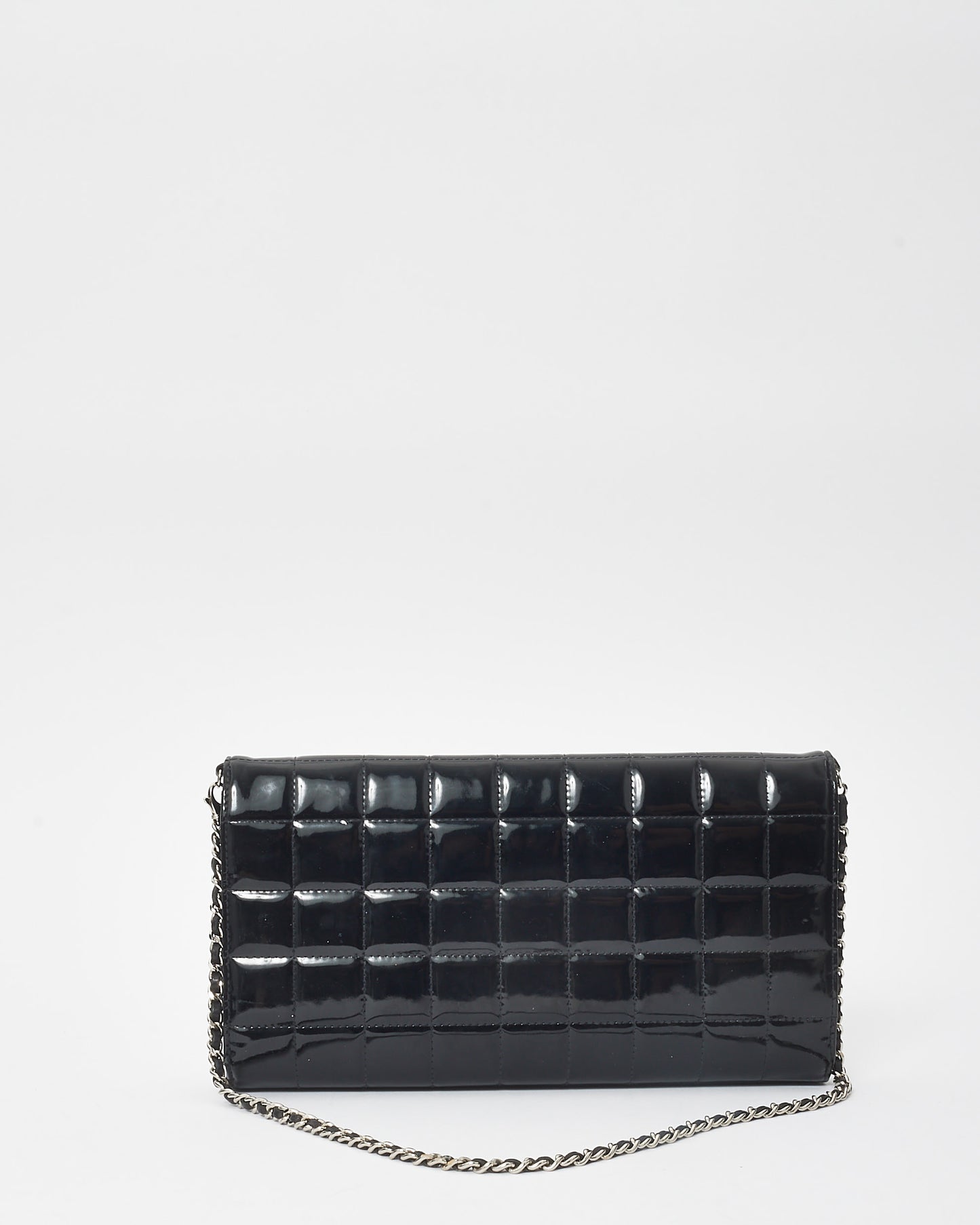 Chanel Black Patent Leather Chocolate Bar Clutch On Chain