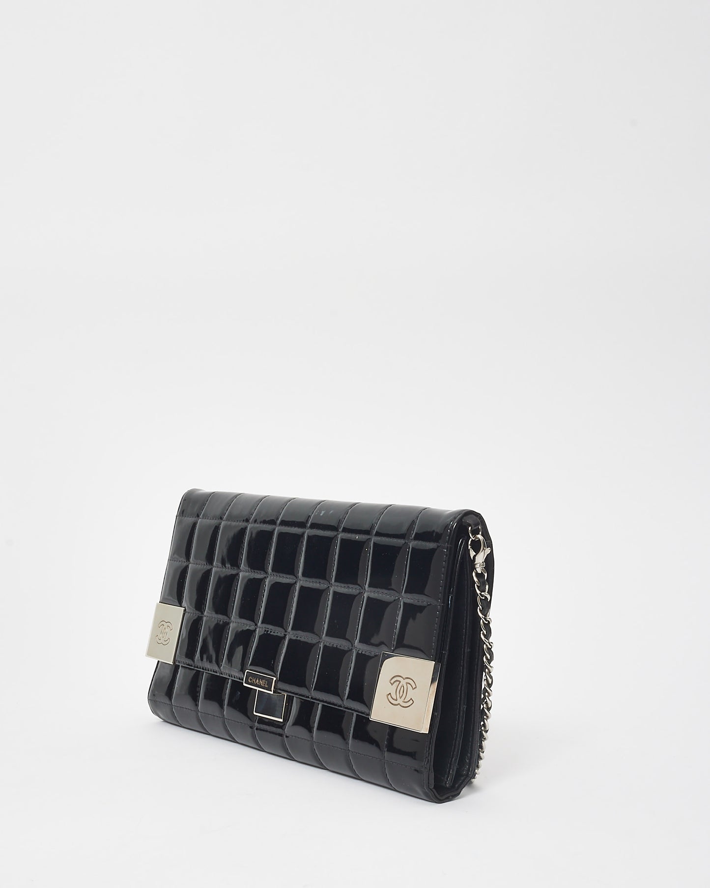 Chanel Black Patent Leather Chocolate Bar Clutch On Chain