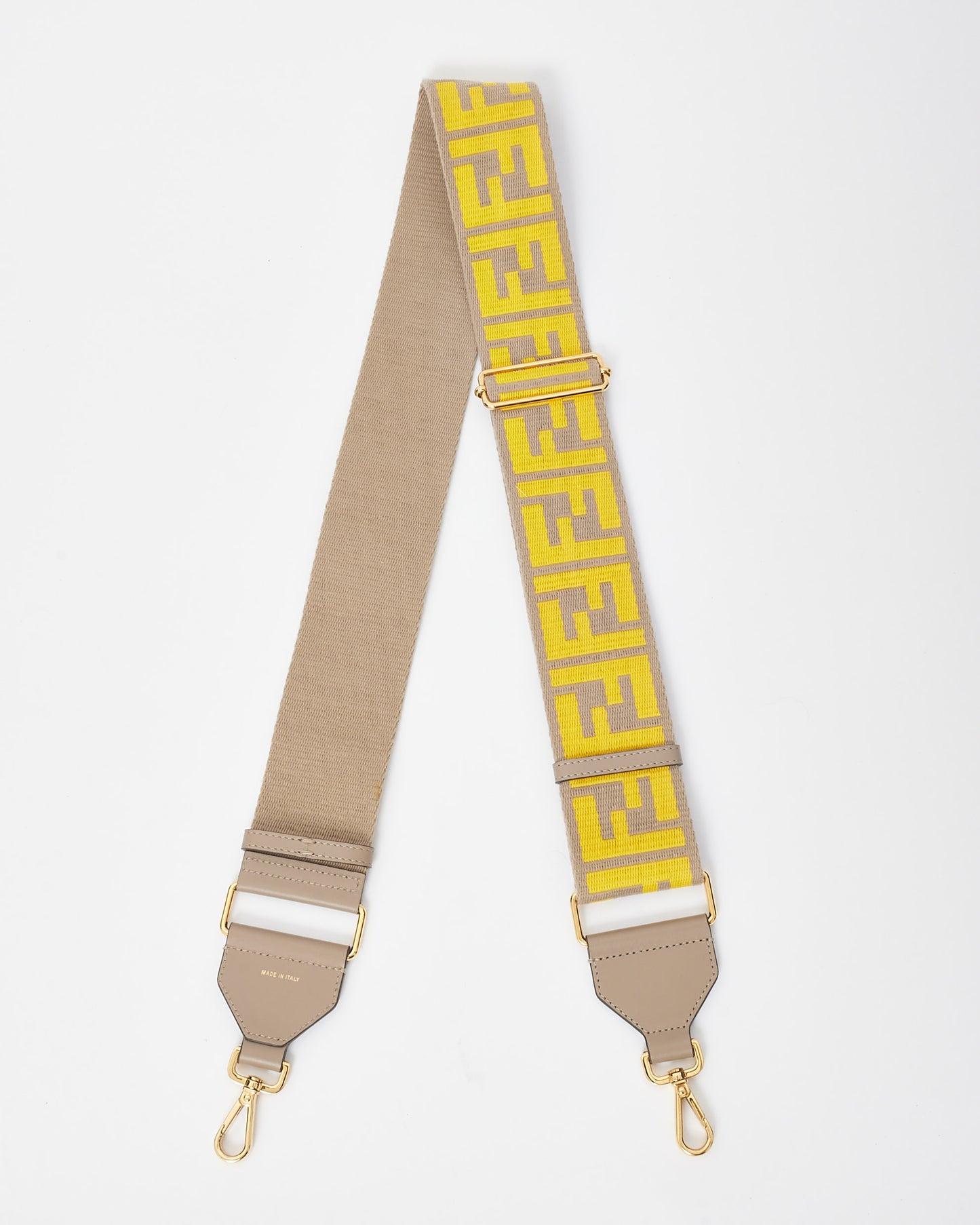 Fendi Taupe 
Yellow Fabric Ribbon Vitello King FF 1974 Adjustable Strap