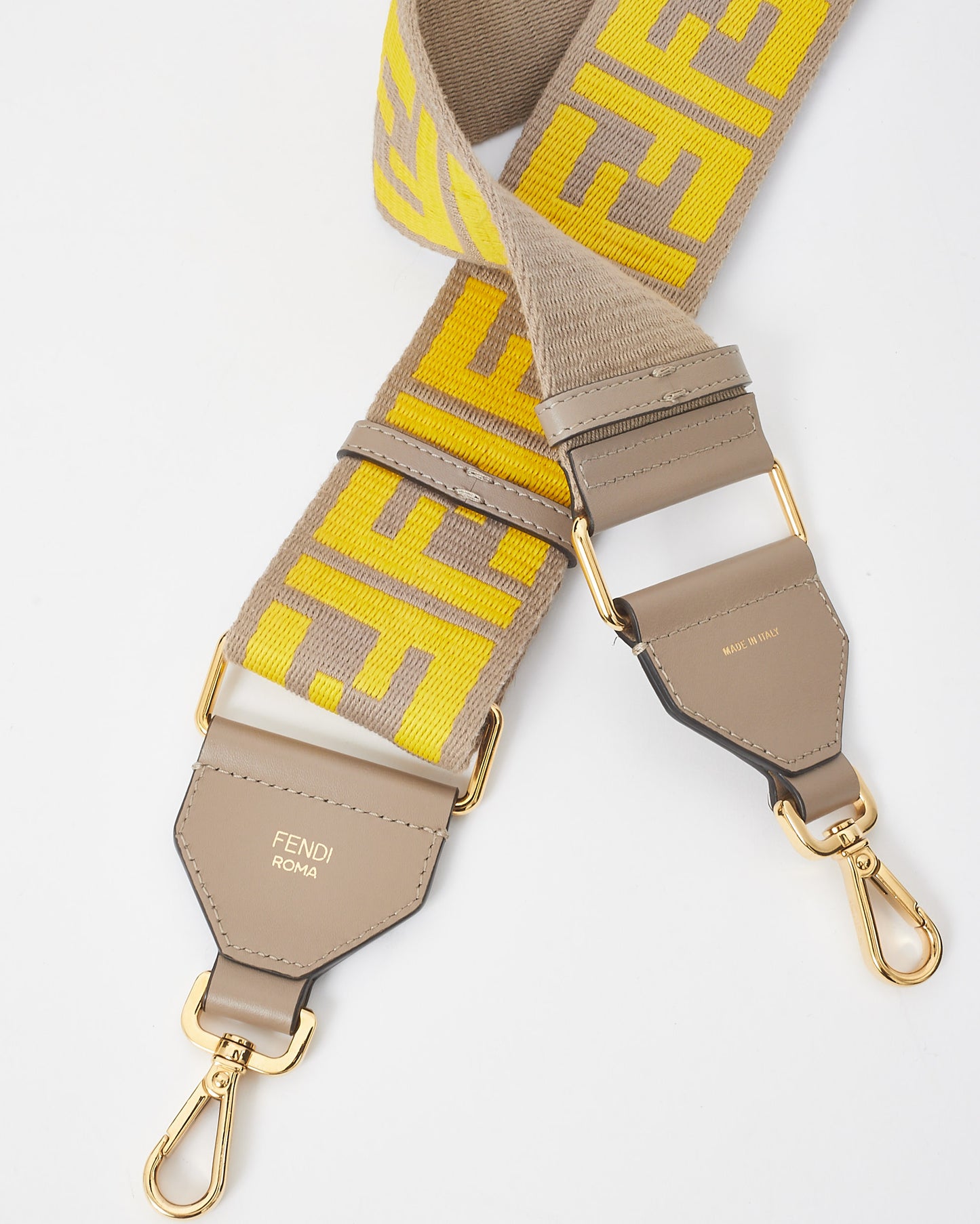 Fendi Taupe 
Yellow Fabric Ribbon Vitello King FF 1974 Adjustable Strap