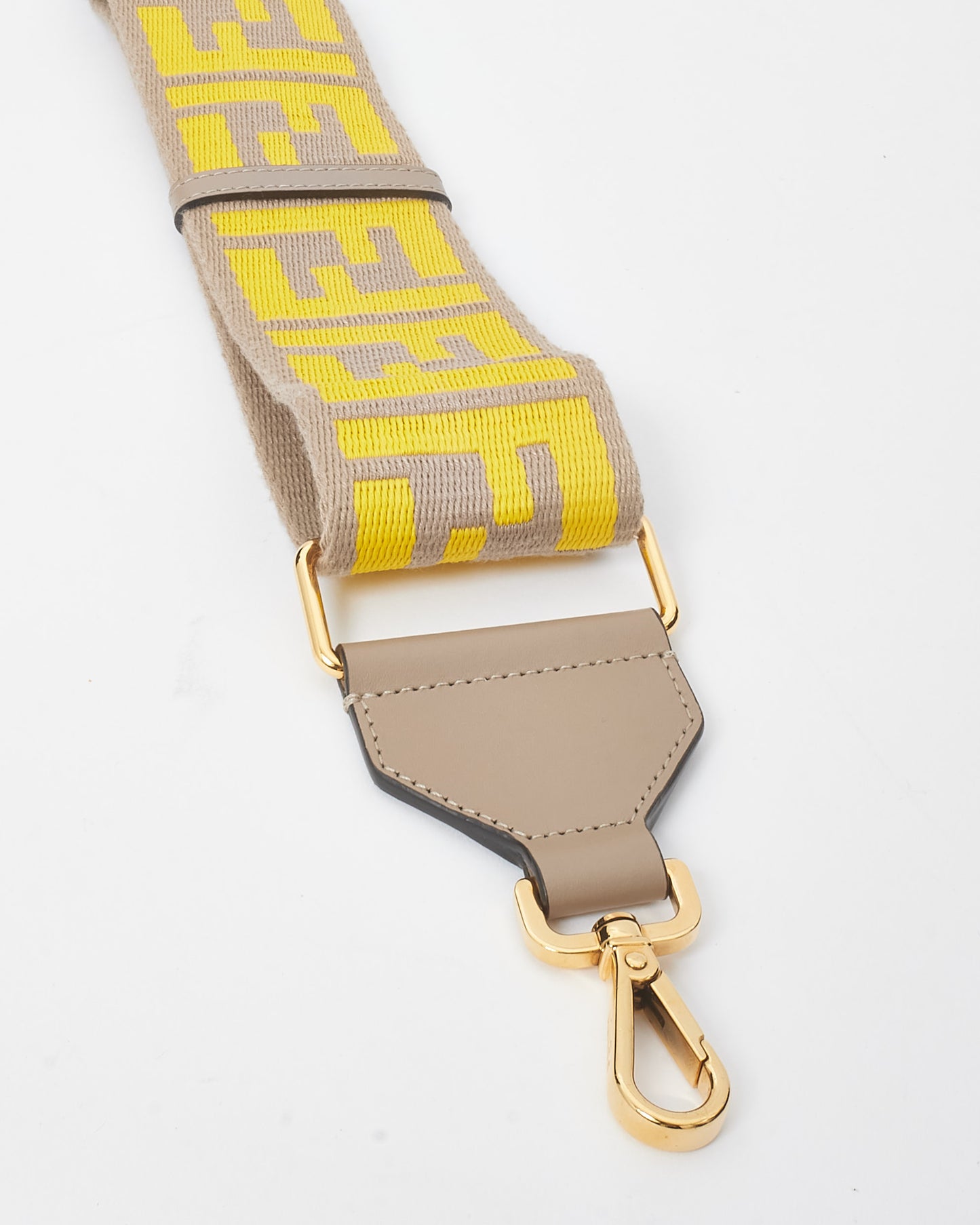 Fendi Taupe 
Yellow Fabric Ribbon Vitello King FF 1974 Adjustable Strap