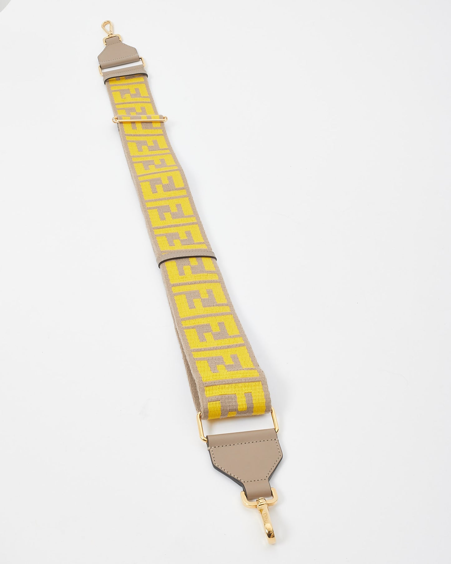 Fendi Taupe 
Yellow Fabric Ribbon Vitello King FF 1974 Adjustable Strap