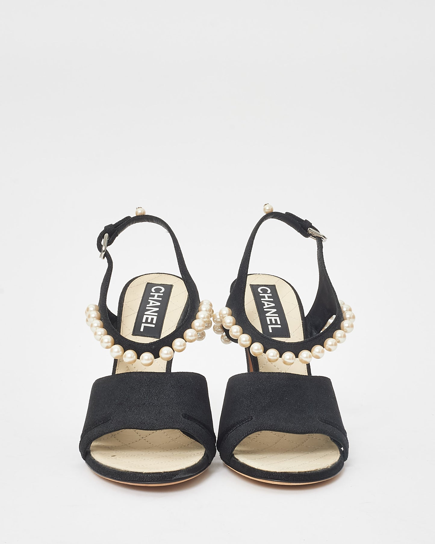 Chanel Black Fabric 
Pearl Strappy Heel Sandals - 40