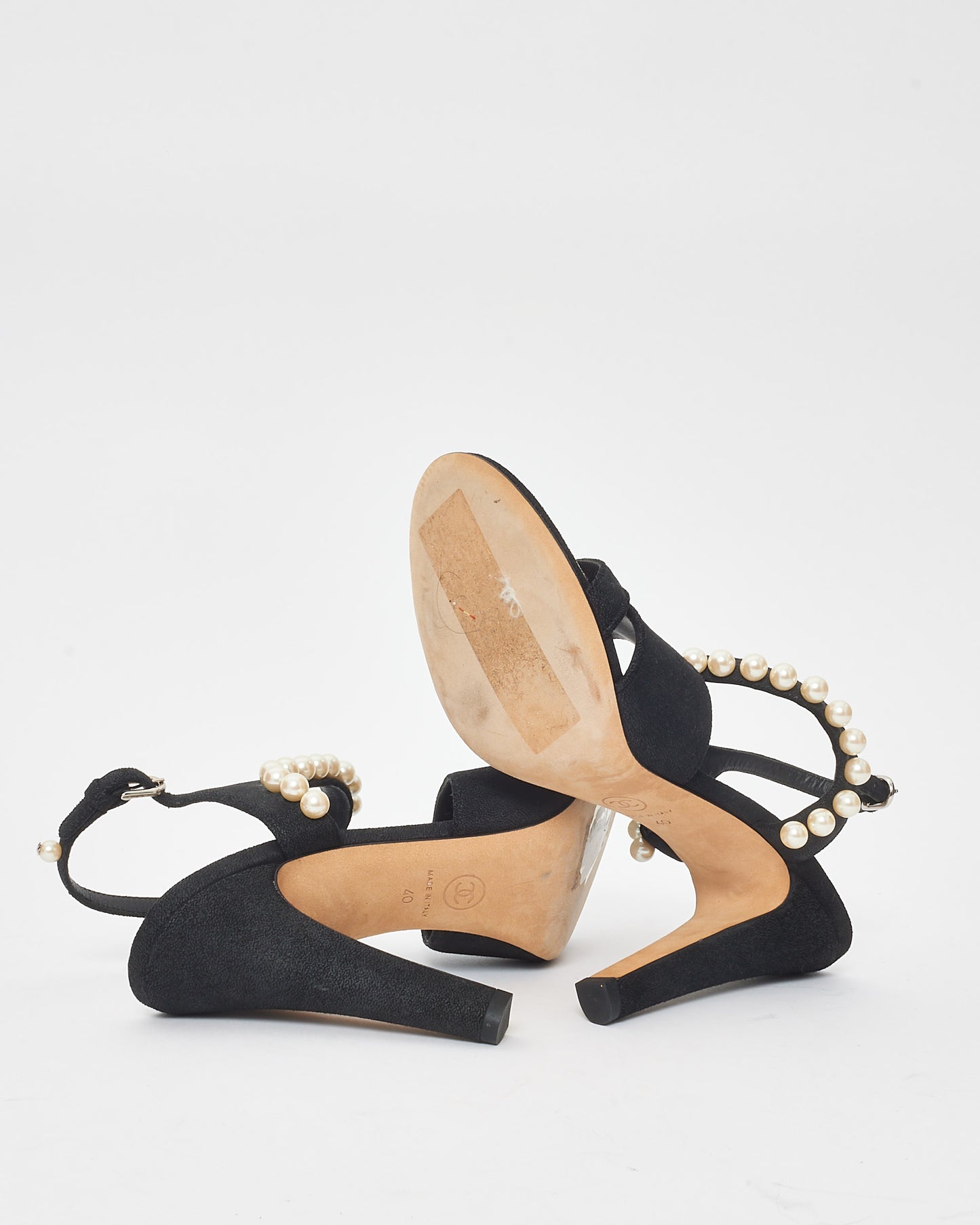 Chanel Black Fabric 
Pearl Strappy Heel Sandals - 40