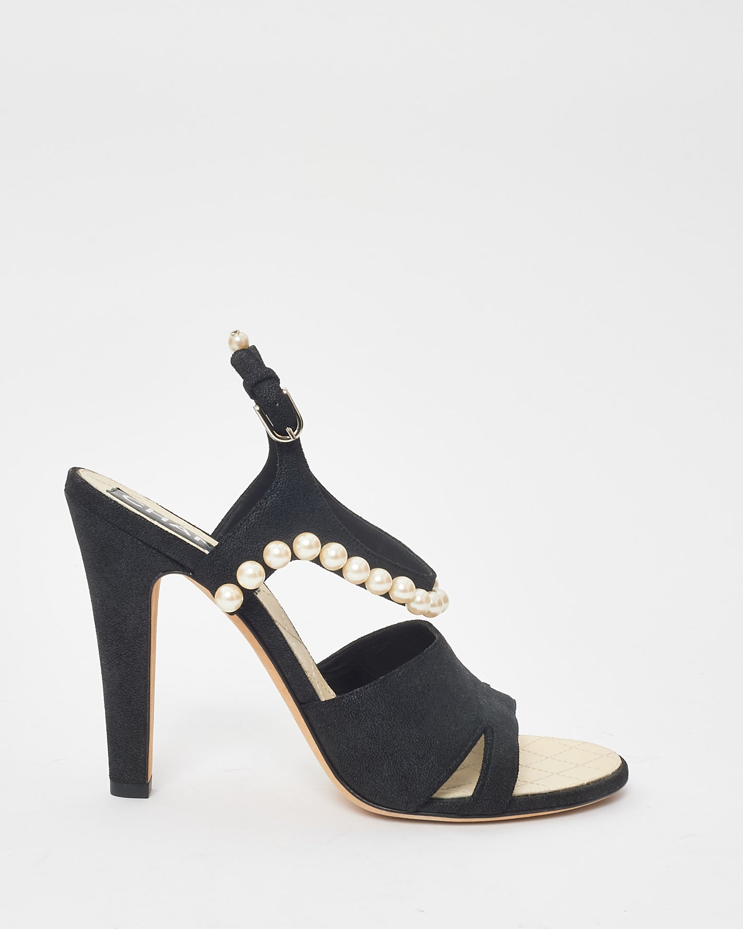 Chanel Black Fabric 
Pearl Strappy Heel Sandals - 40