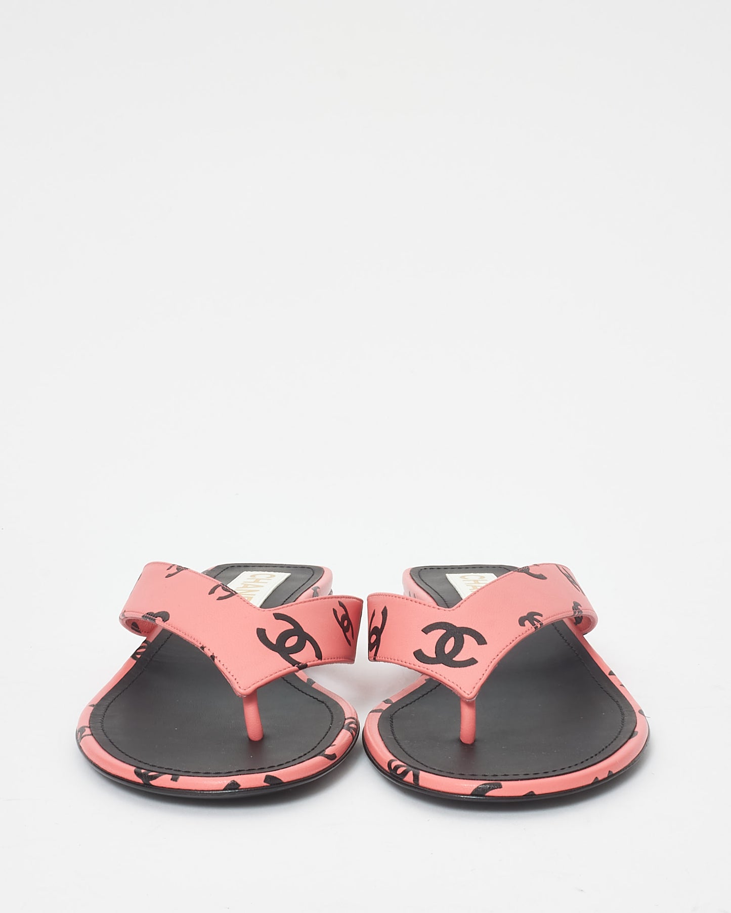 Chanel Pink 
Black Logo Leather 22S Flip Flop Sandals - 38.5