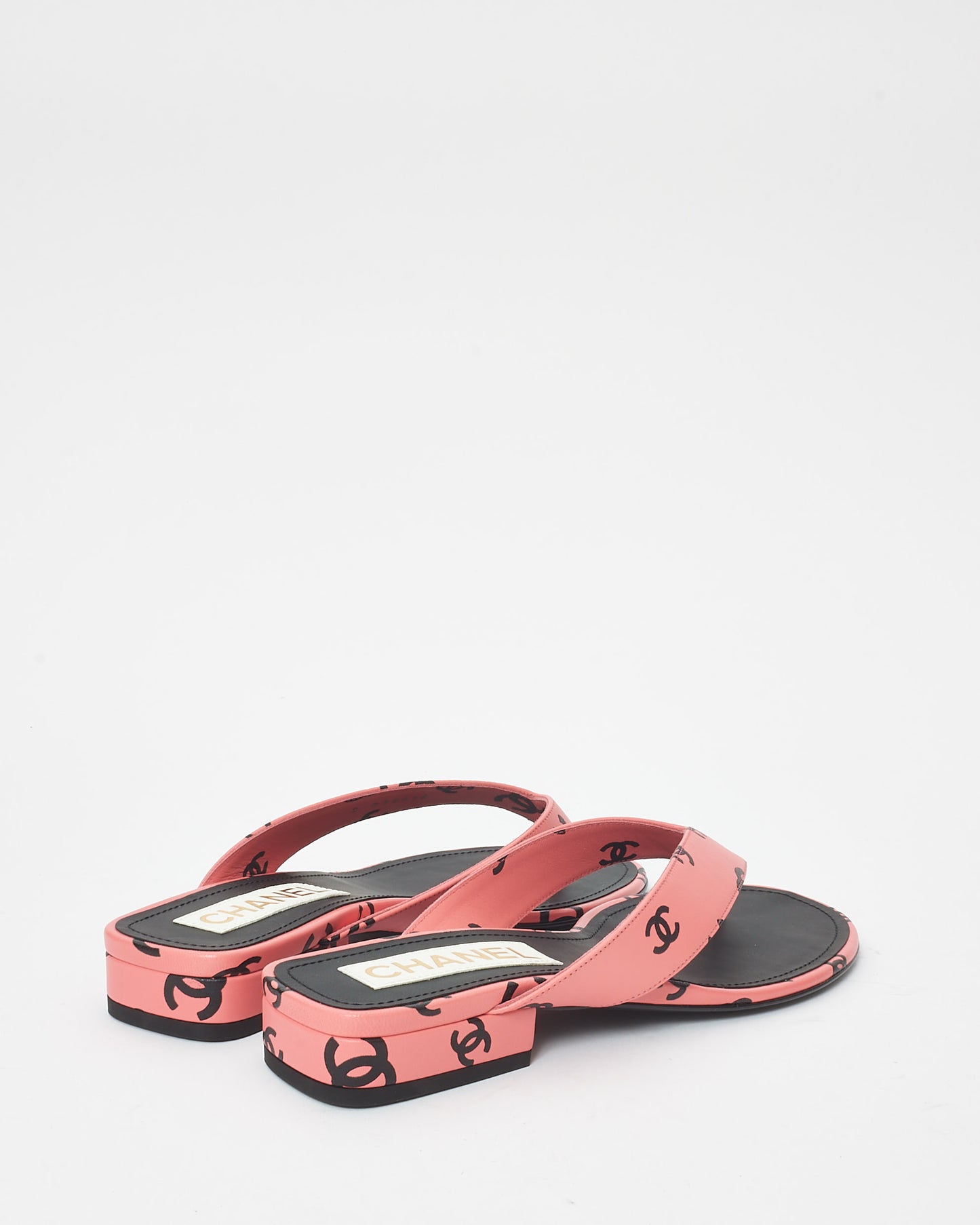 Chanel Pink 
Black Logo Leather 22S Flip Flop Sandals - 38.5