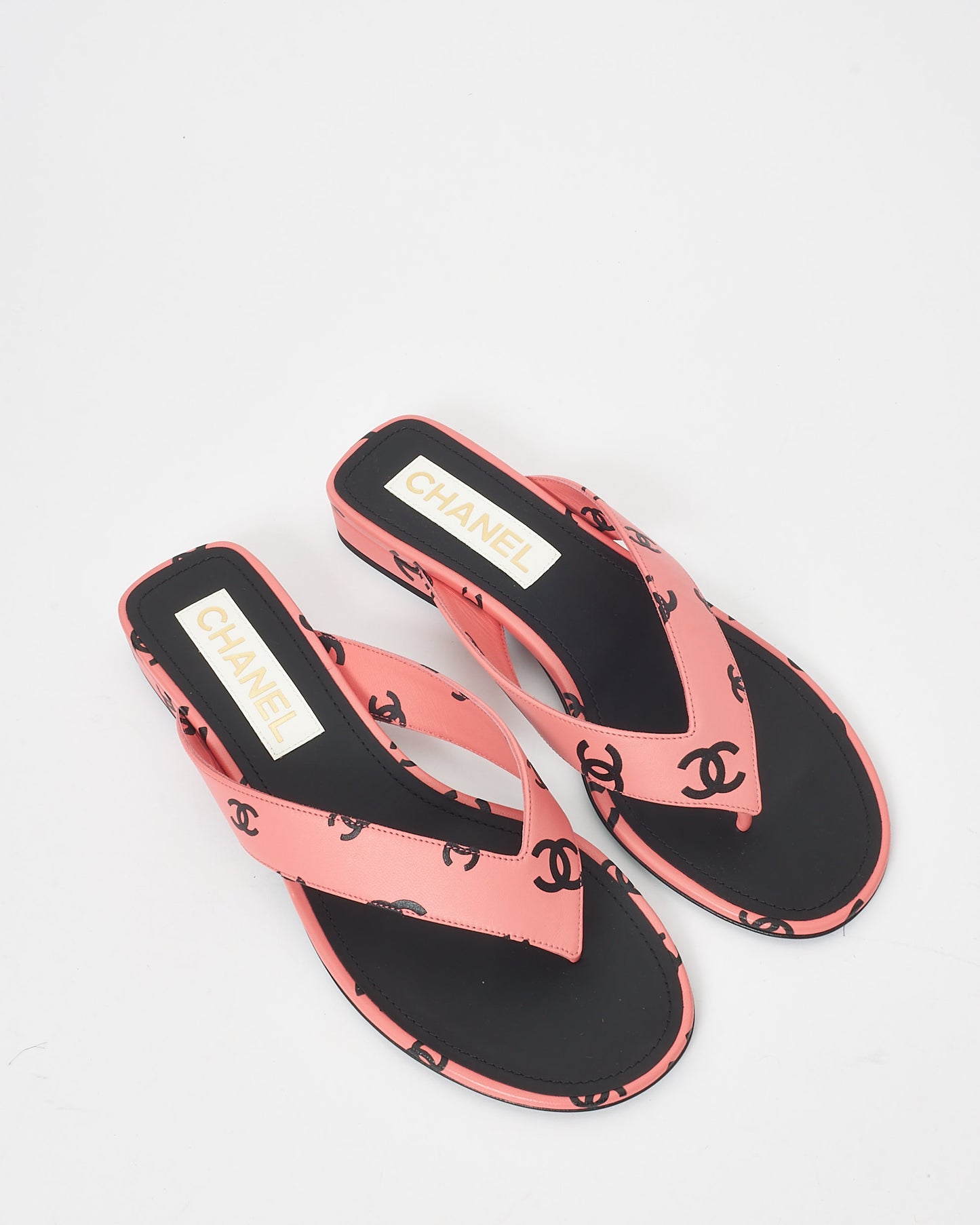 Chanel Pink 
Black Logo Leather 22S Flip Flop Sandals - 38.5