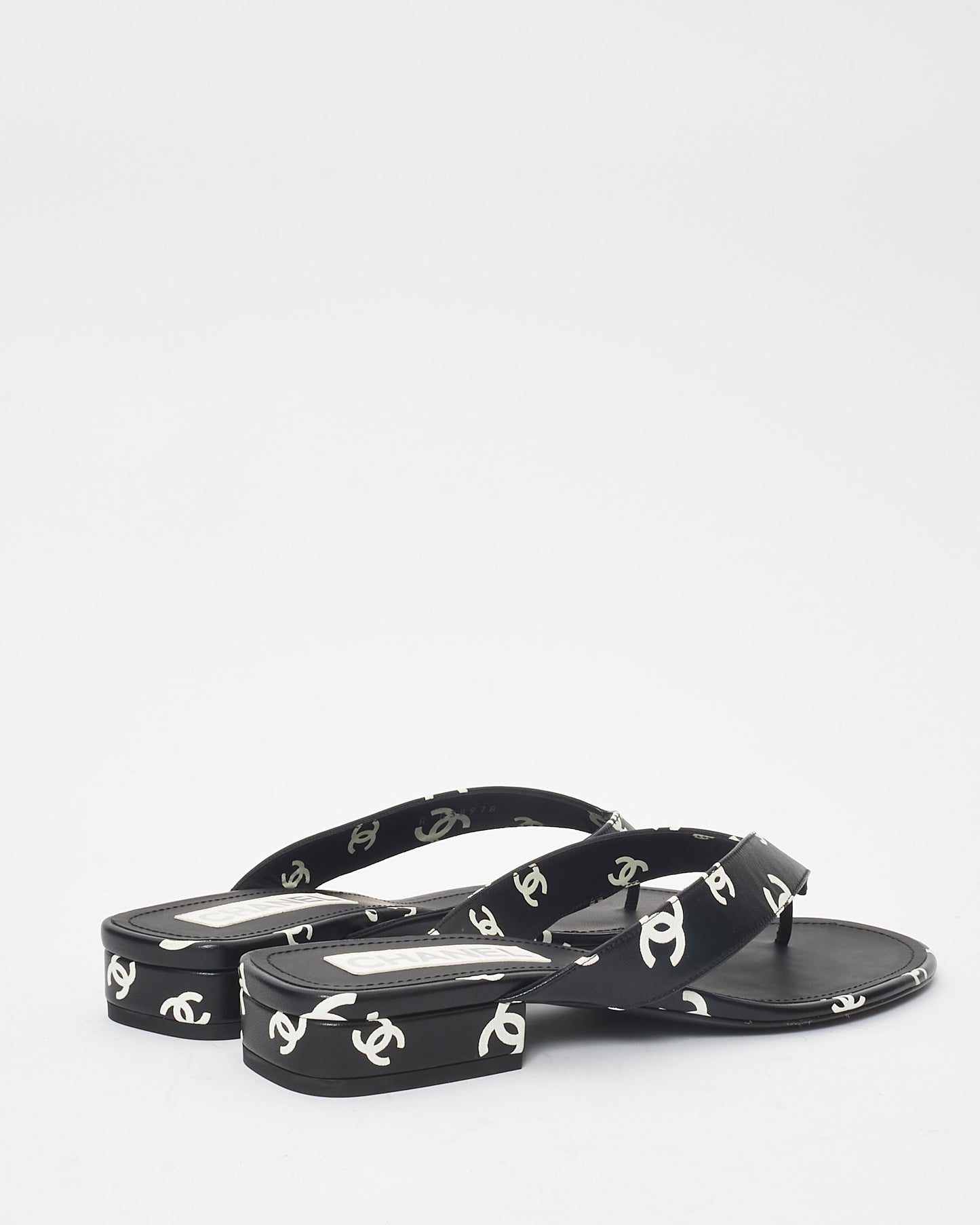 Chanel Black 
White Logo Leather 22S Flip Flop Sandals - 42