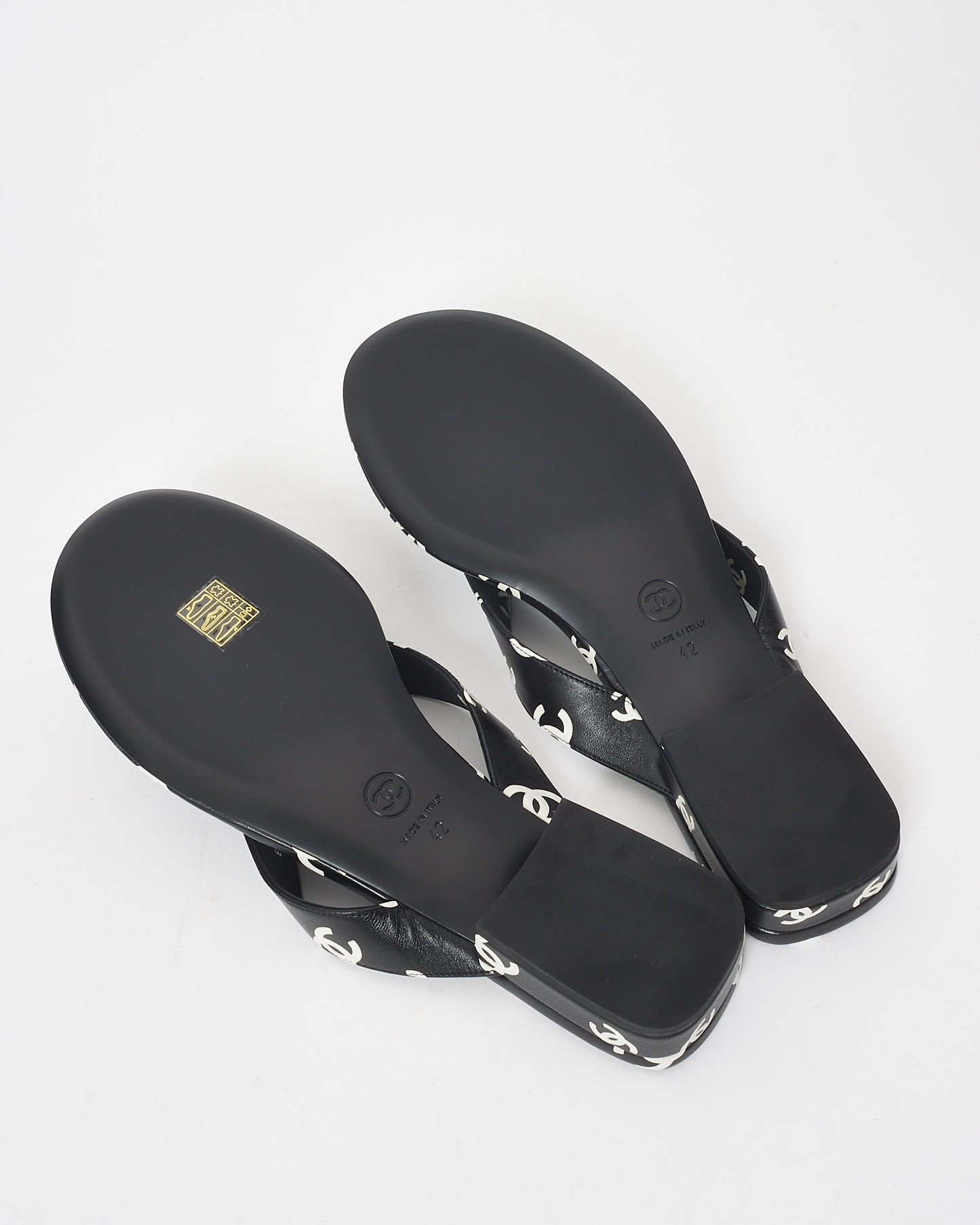 Chanel Black 
White Logo Leather 22S Flip Flop Sandals - 42