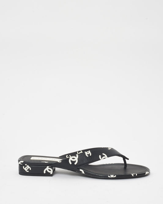 Chanel Black 
White Logo Leather 22S Flip Flop Sandals - 42