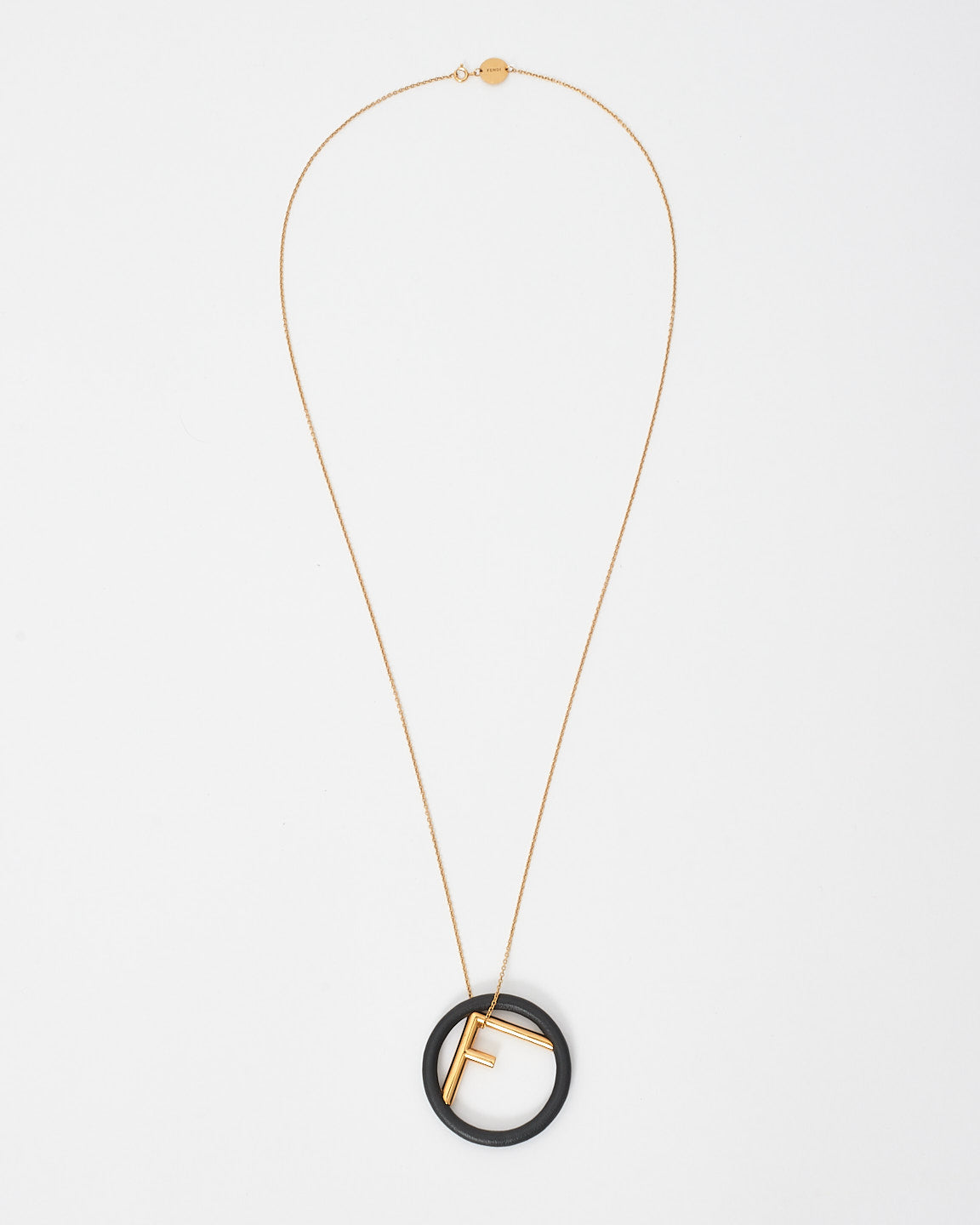 Fendi Black Leather 
Gold Logo Pendant Necklace