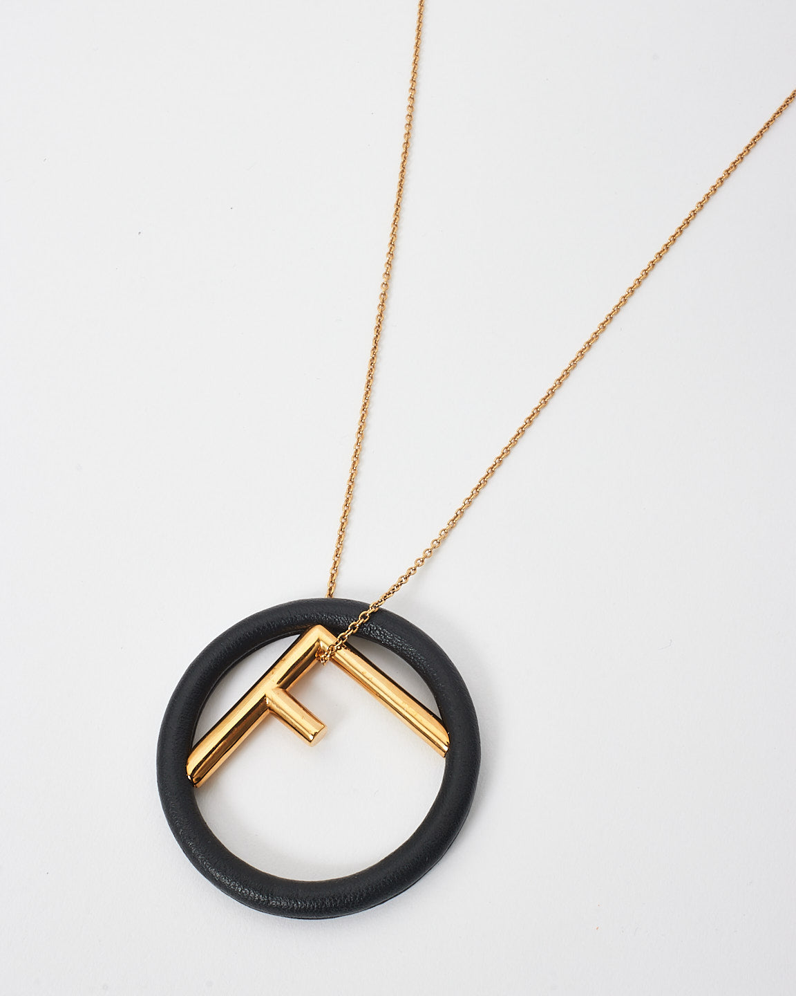 Fendi Black Leather 
Gold Logo Pendant Necklace