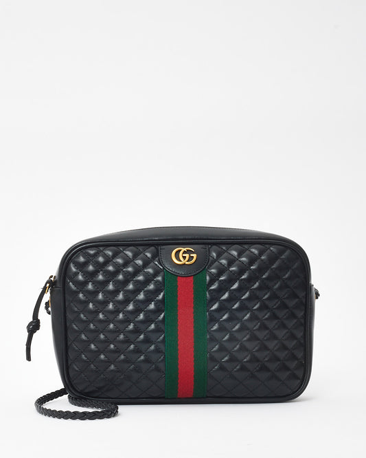 Gucci Black Leather Marmont Web Trapuntata Crossbody Camera Bag