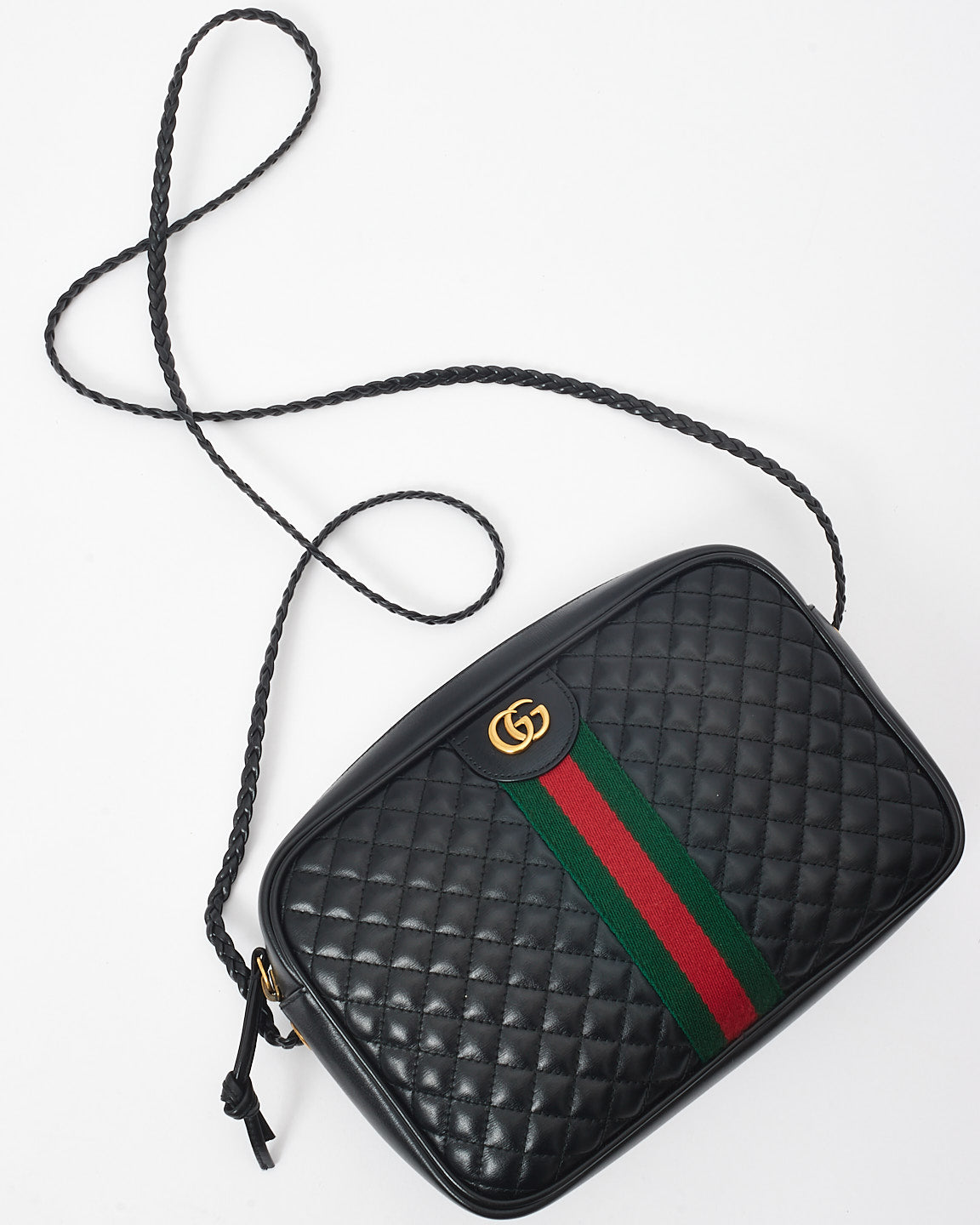 Gucci Black Leather Marmont Web Trapuntata Crossbody Camera Bag