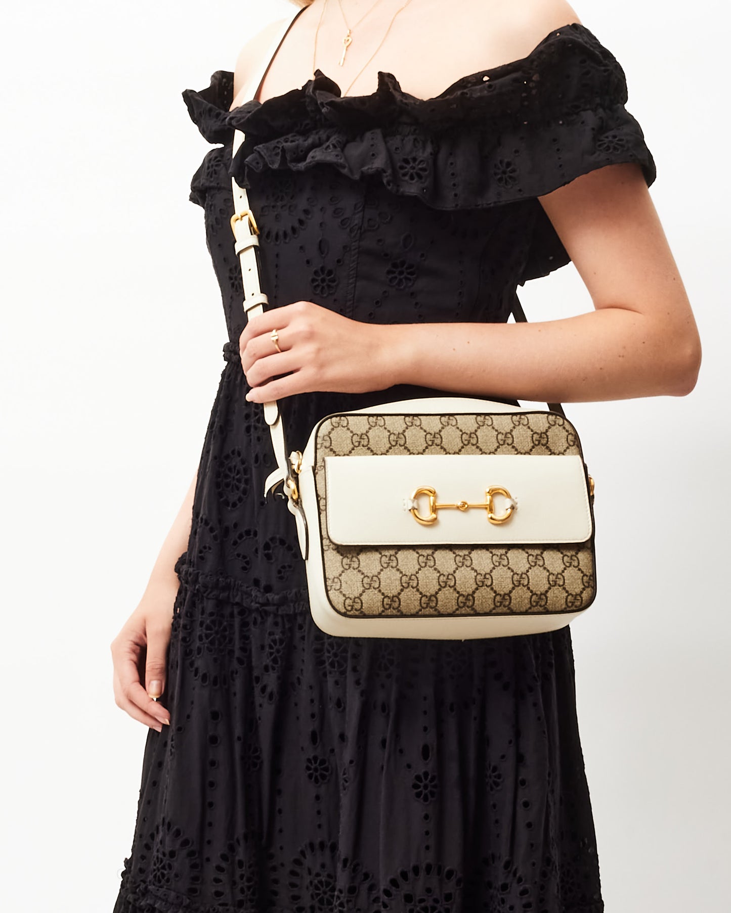 Gucci White 
Monogram Canvas 1955 Horsebit Crossbody Bag