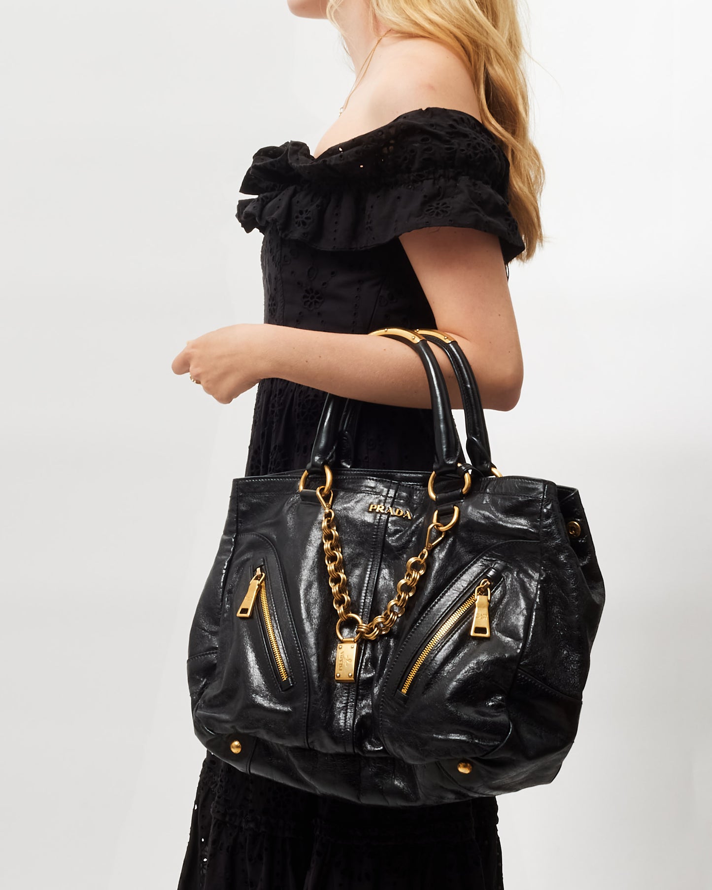 Prada Vintage Black Leather 
Gold Chain 
Zipper Tote Bag