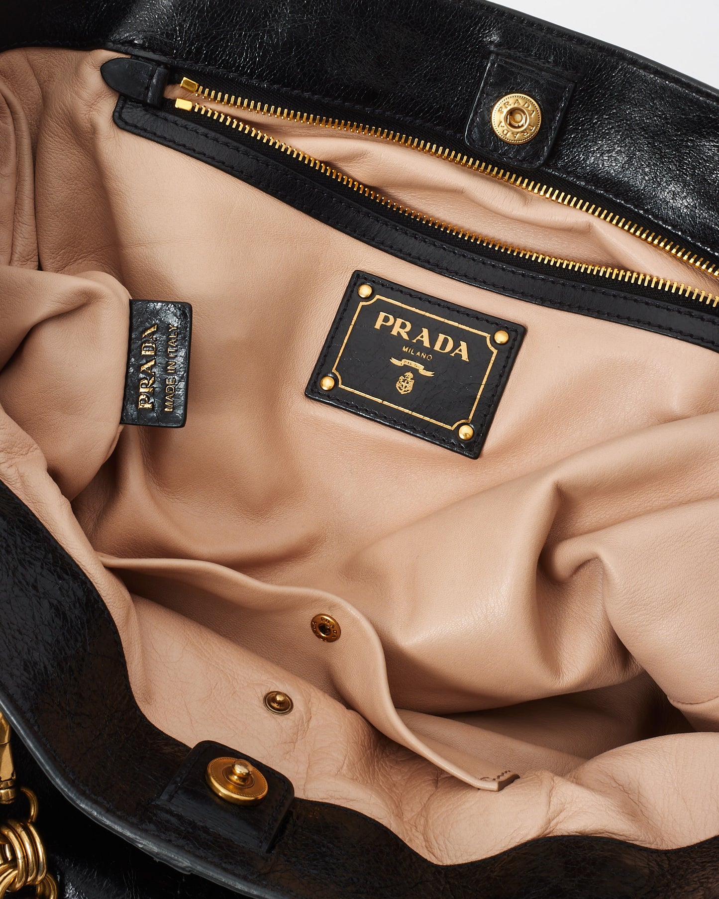 Prada Vintage Black Leather 
Gold Chain 
Zipper Tote Bag