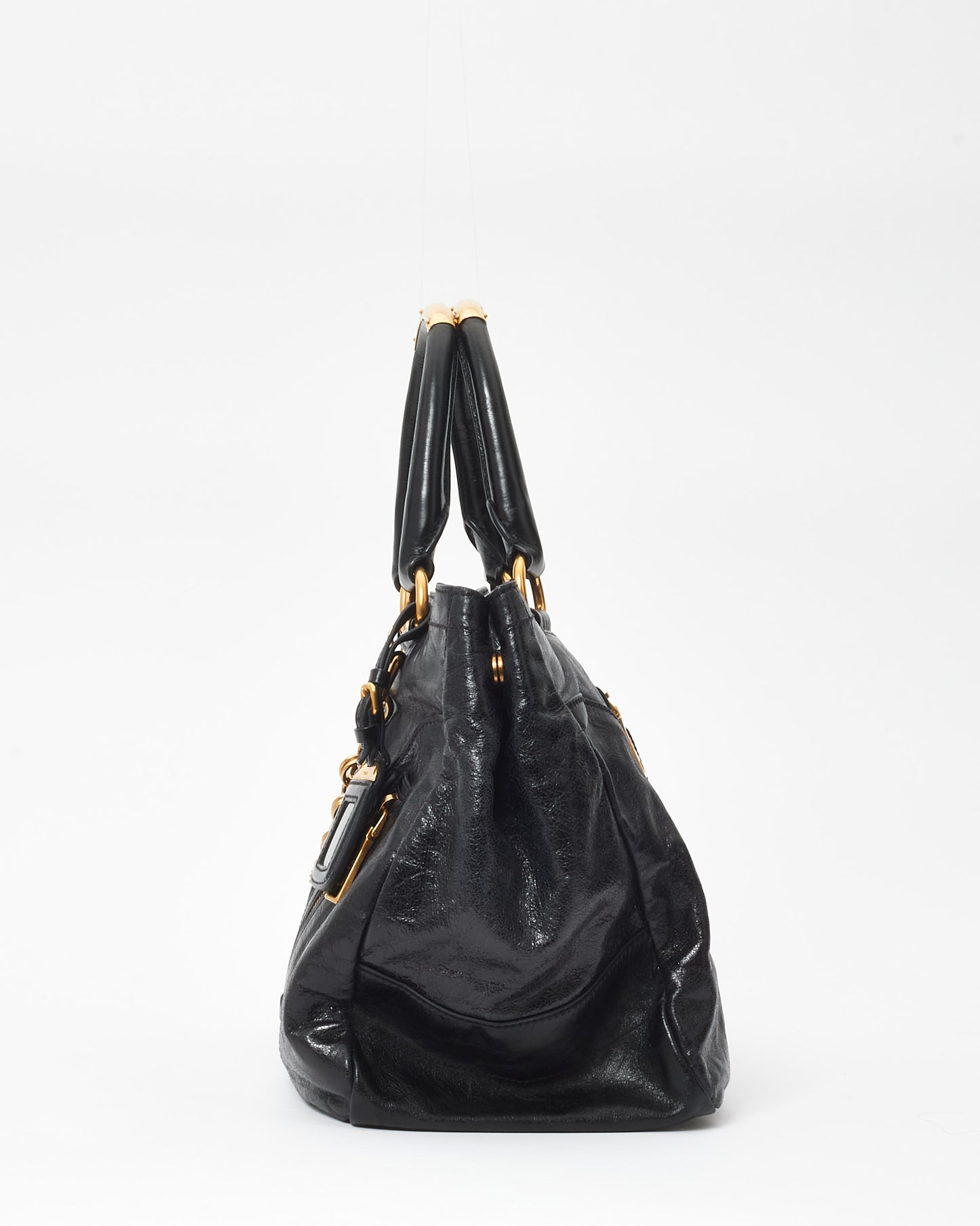 Prada Vintage Black Leather 
Gold Chain 
Zipper Tote Bag