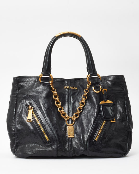 Prada Vintage Black Leather 
Gold Chain 
Zipper Tote Bag