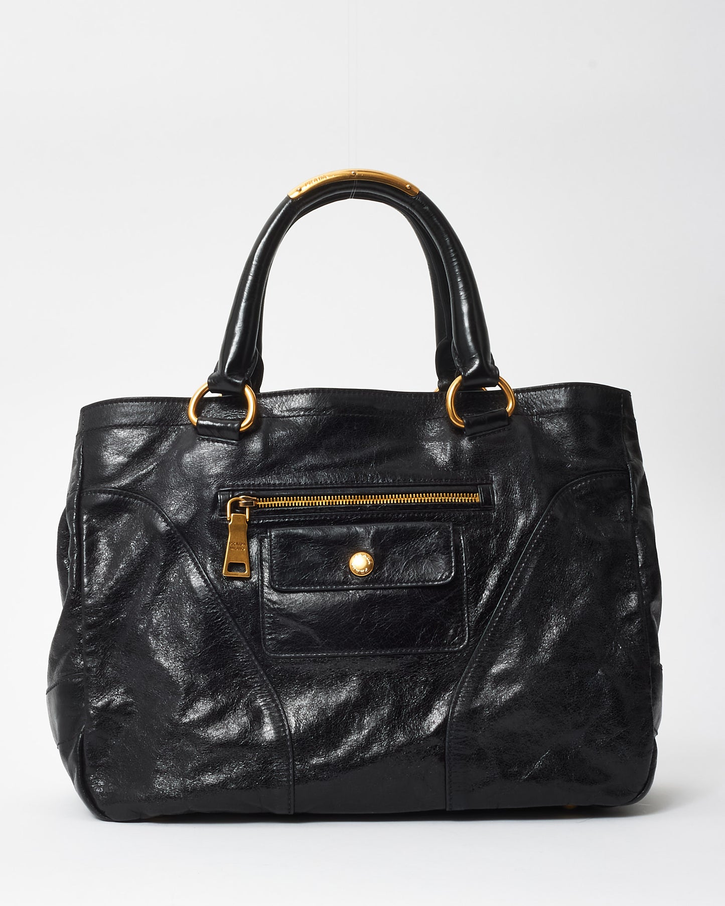 Prada Vintage Black Leather 
Gold Chain 
Zipper Tote Bag