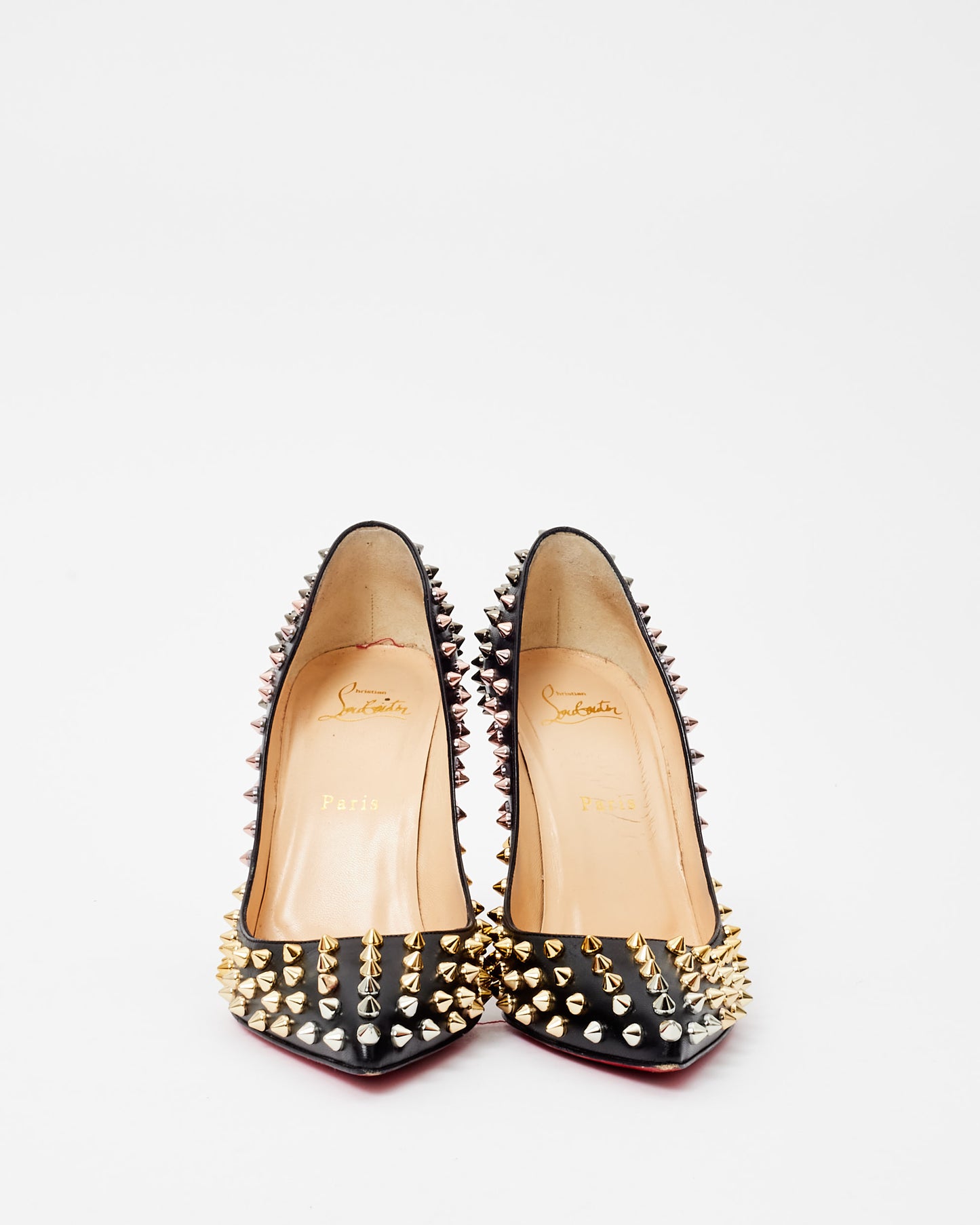 Christian Louboutin Black Leather 
Silver Spike So Kate Pumps - 38.5