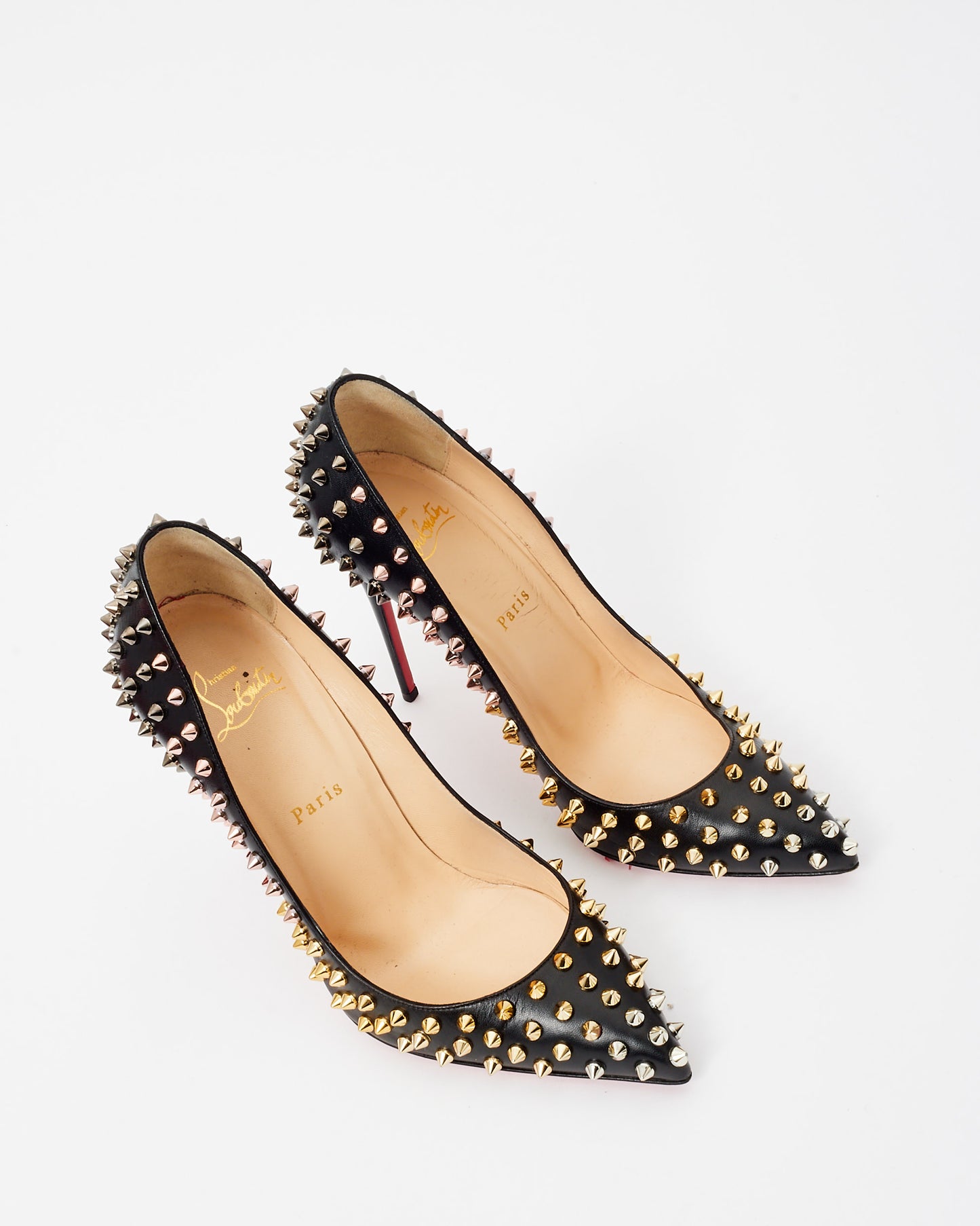 Christian Louboutin Black Leather 
Silver Spike So Kate Pumps - 38.5