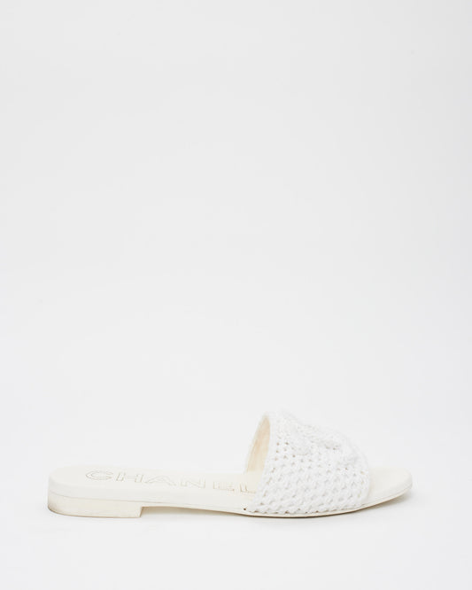 Chanel White Crochet Logo Coco Beach 24
 Slides - 39.5