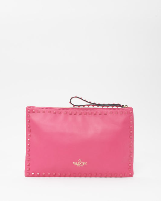 Valentino Bright Pink Leather Monochrome Rockstud Wristlet Clutch