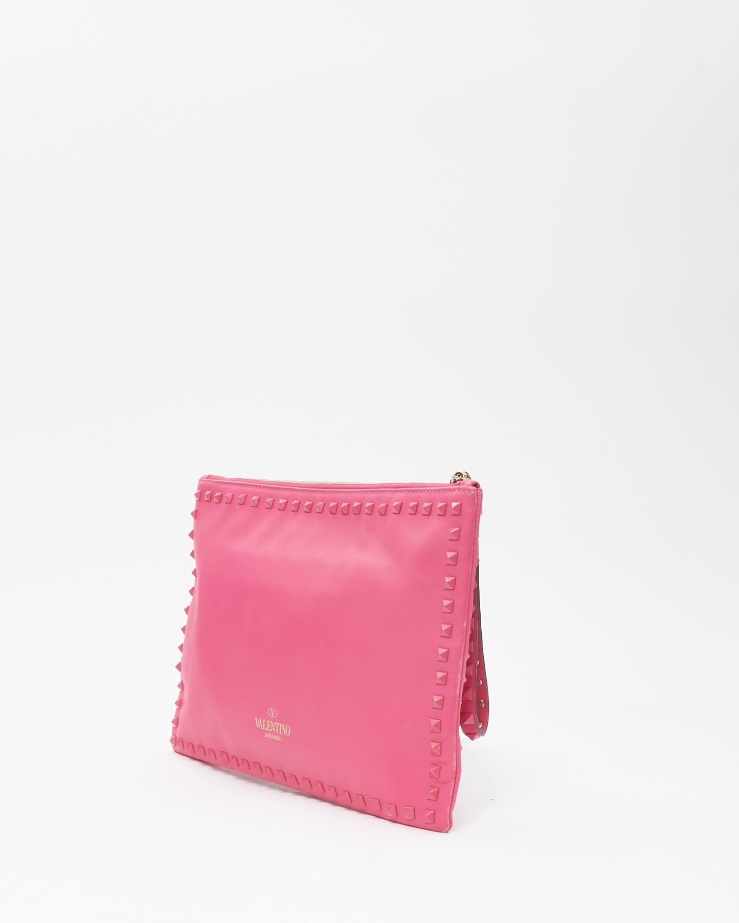 Valentino Bright Pink Leather Monochrome Rockstud Wristlet Clutch