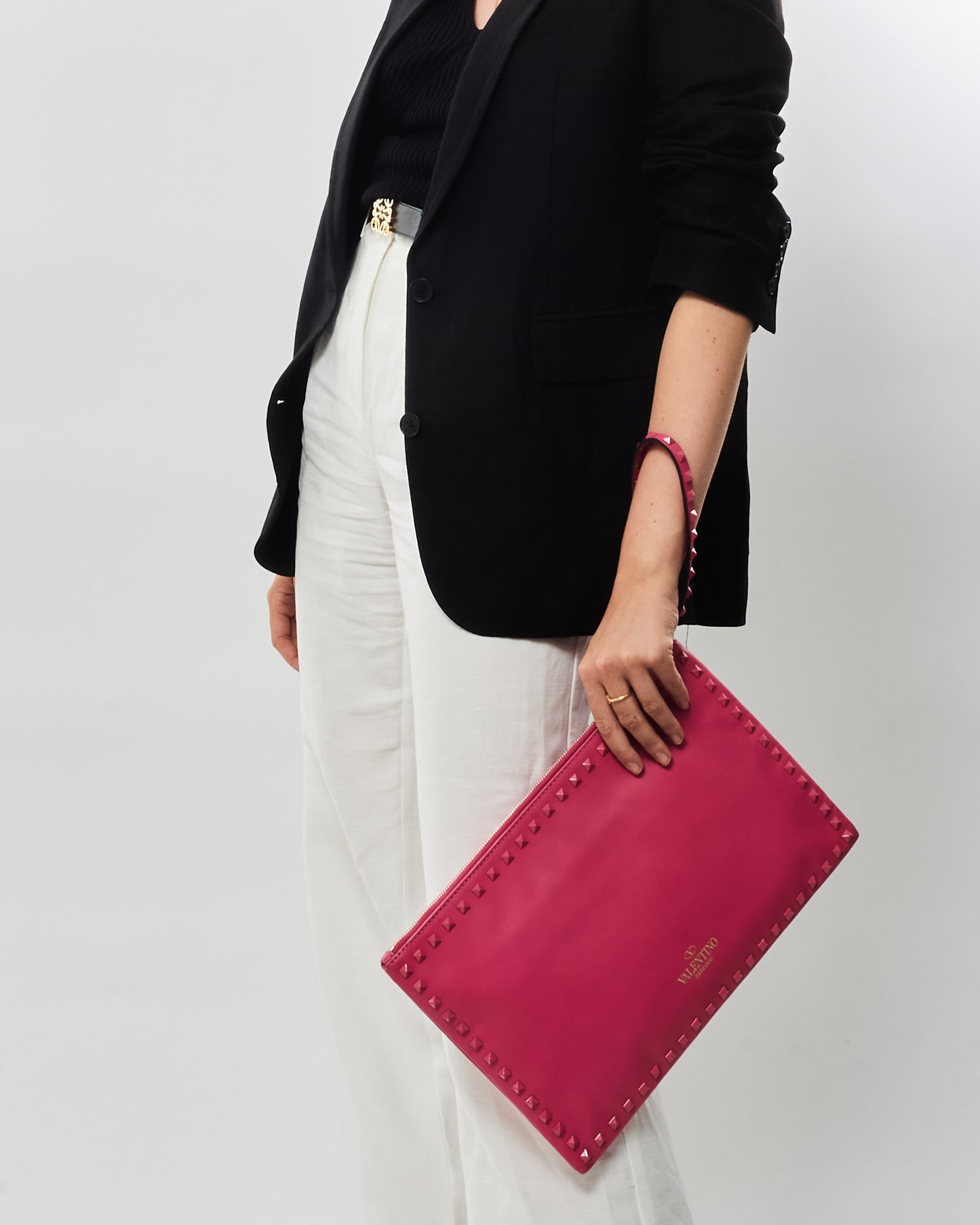 Valentino Bright Pink Leather Monochrome Rockstud Wristlet Clutch