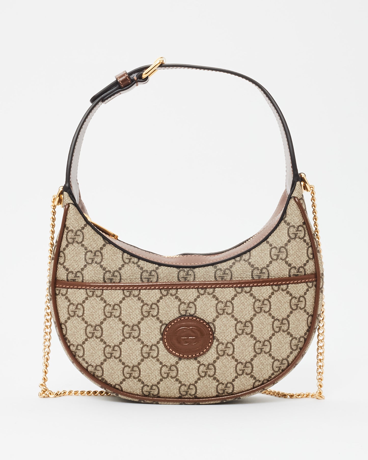 Gucci Monogram Canvas 
Brown Leather GG Half-Moon Mini Bag