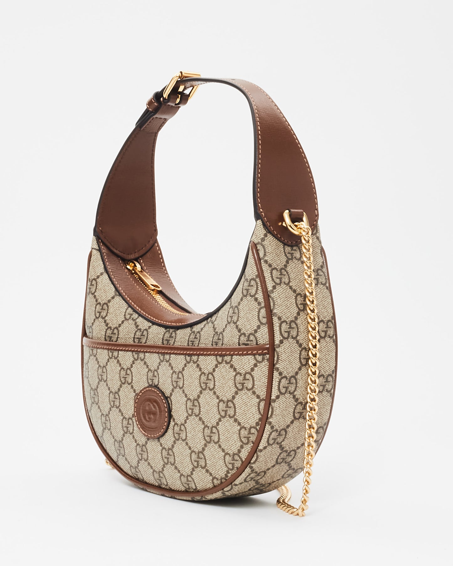 Gucci Monogram Canvas 
Brown Leather GG Half-Moon Mini Bag