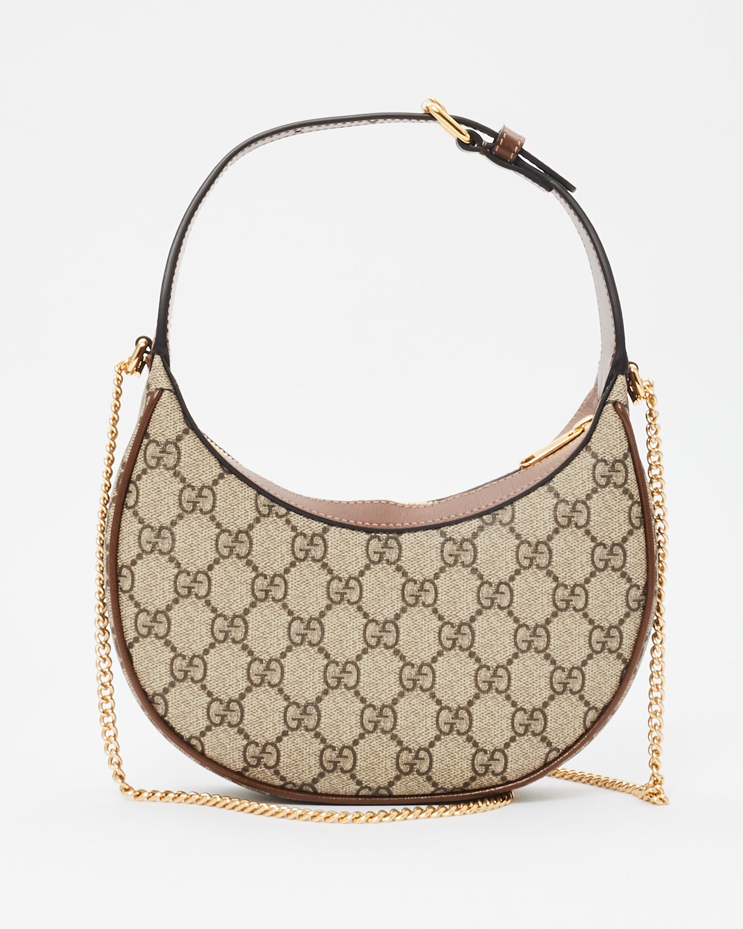 Gucci Monogram Canvas 
Brown Leather GG Half-Moon Mini Bag