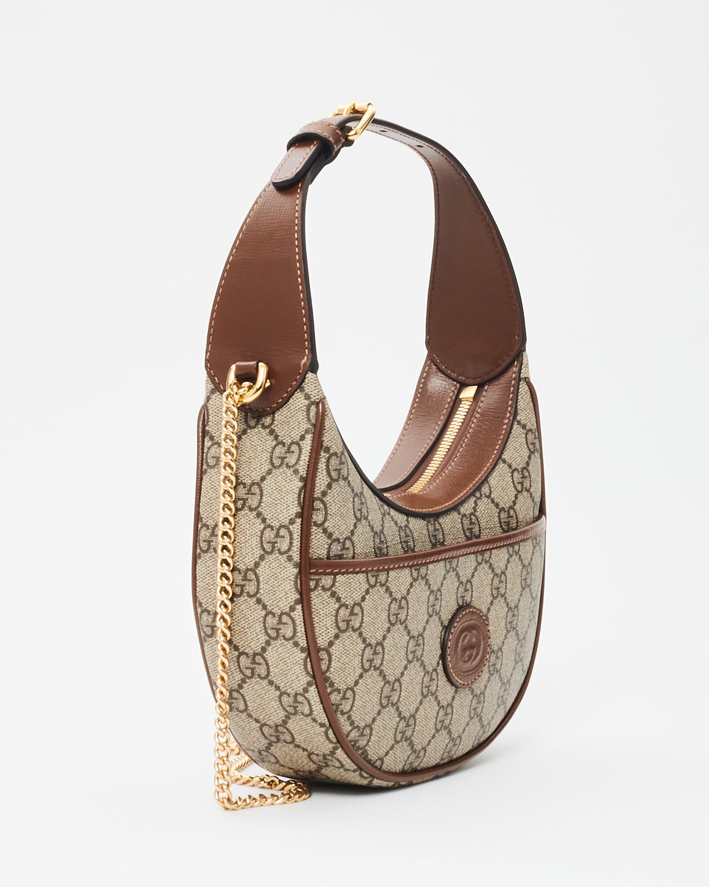 Gucci Monogram Canvas 
Brown Leather GG Half-Moon Mini Bag