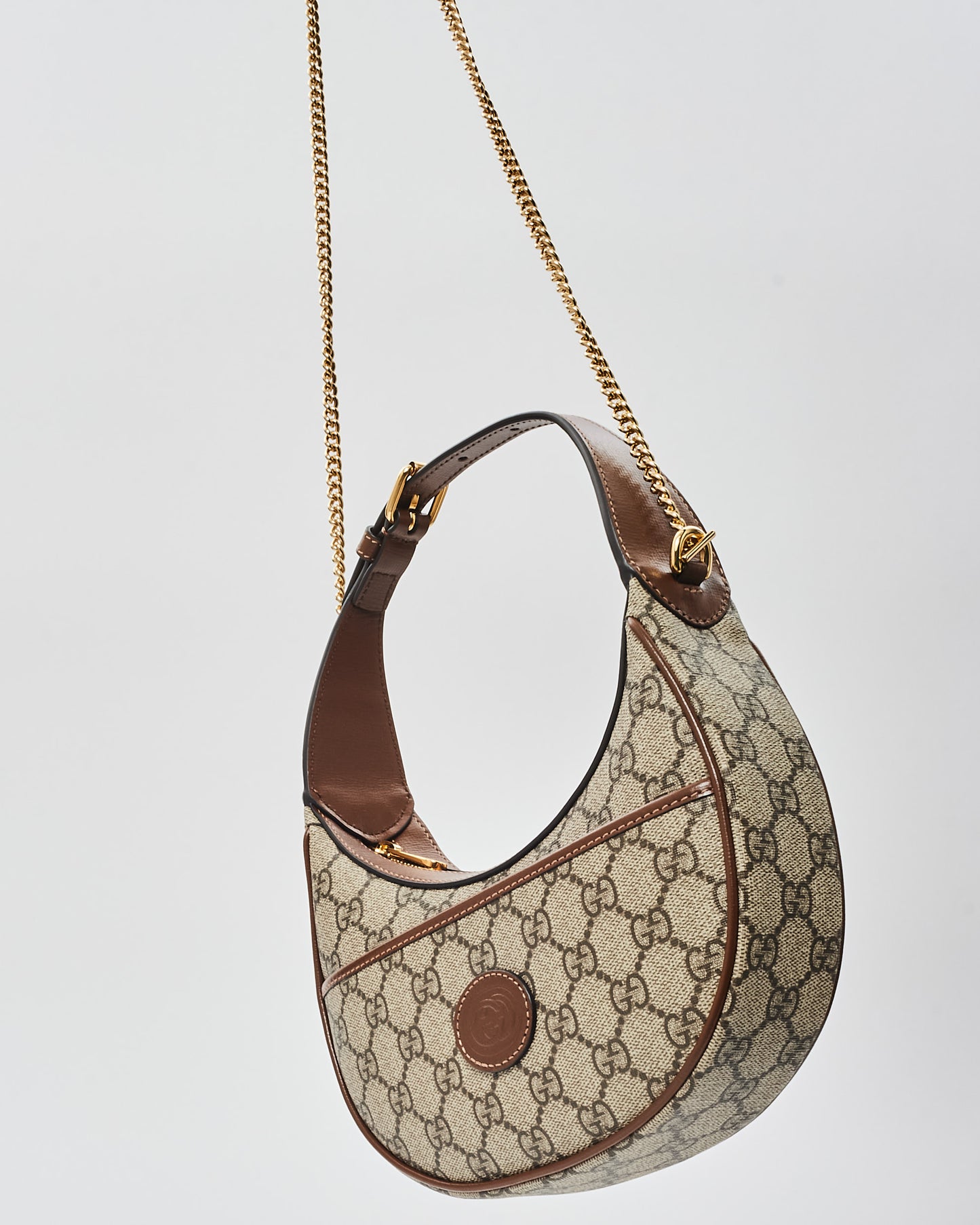 Gucci Monogram Canvas 
Brown Leather GG Half-Moon Mini Bag