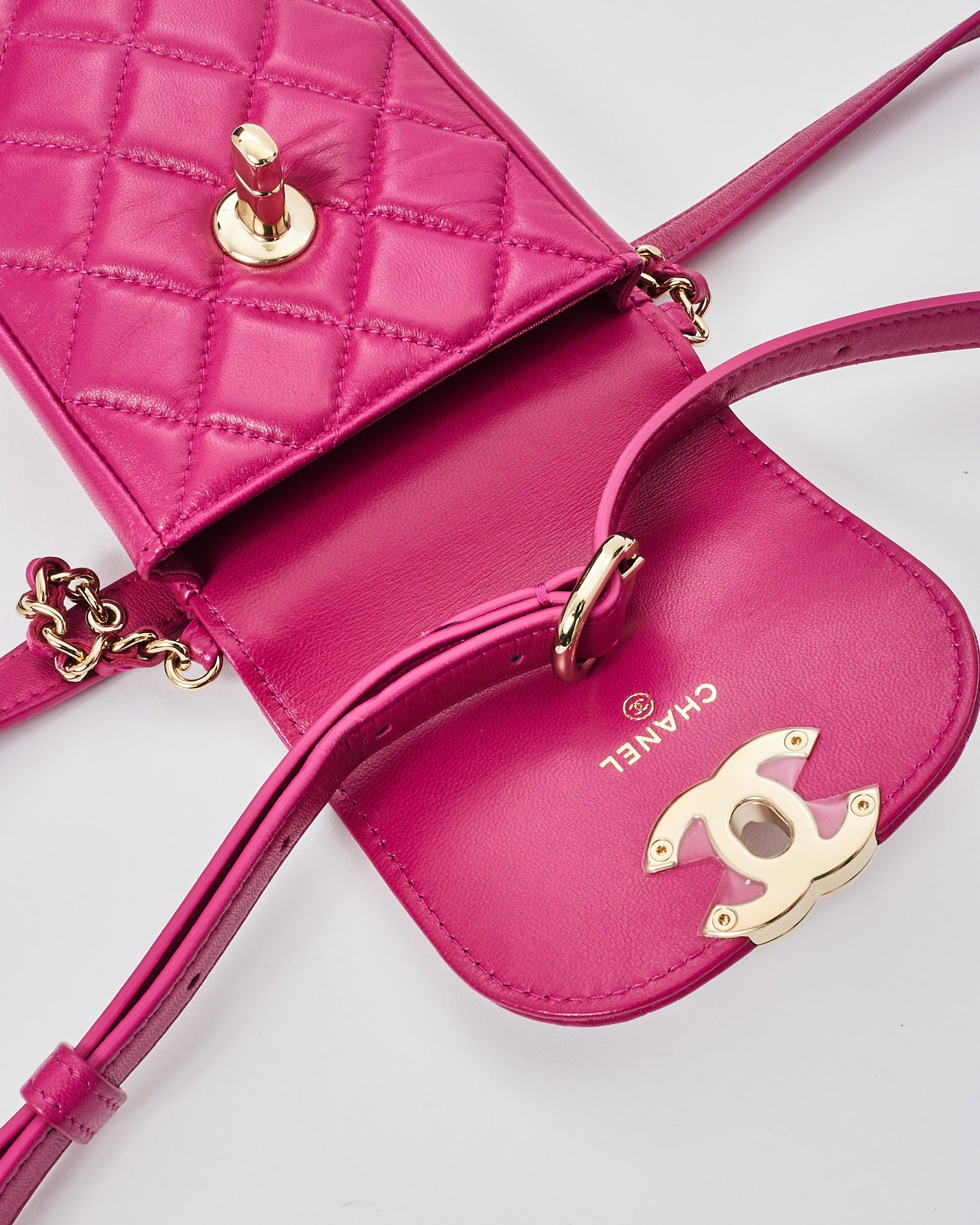 Chanel Fuchsia Pink Lambskin Classic Phone Holder Belt Bag