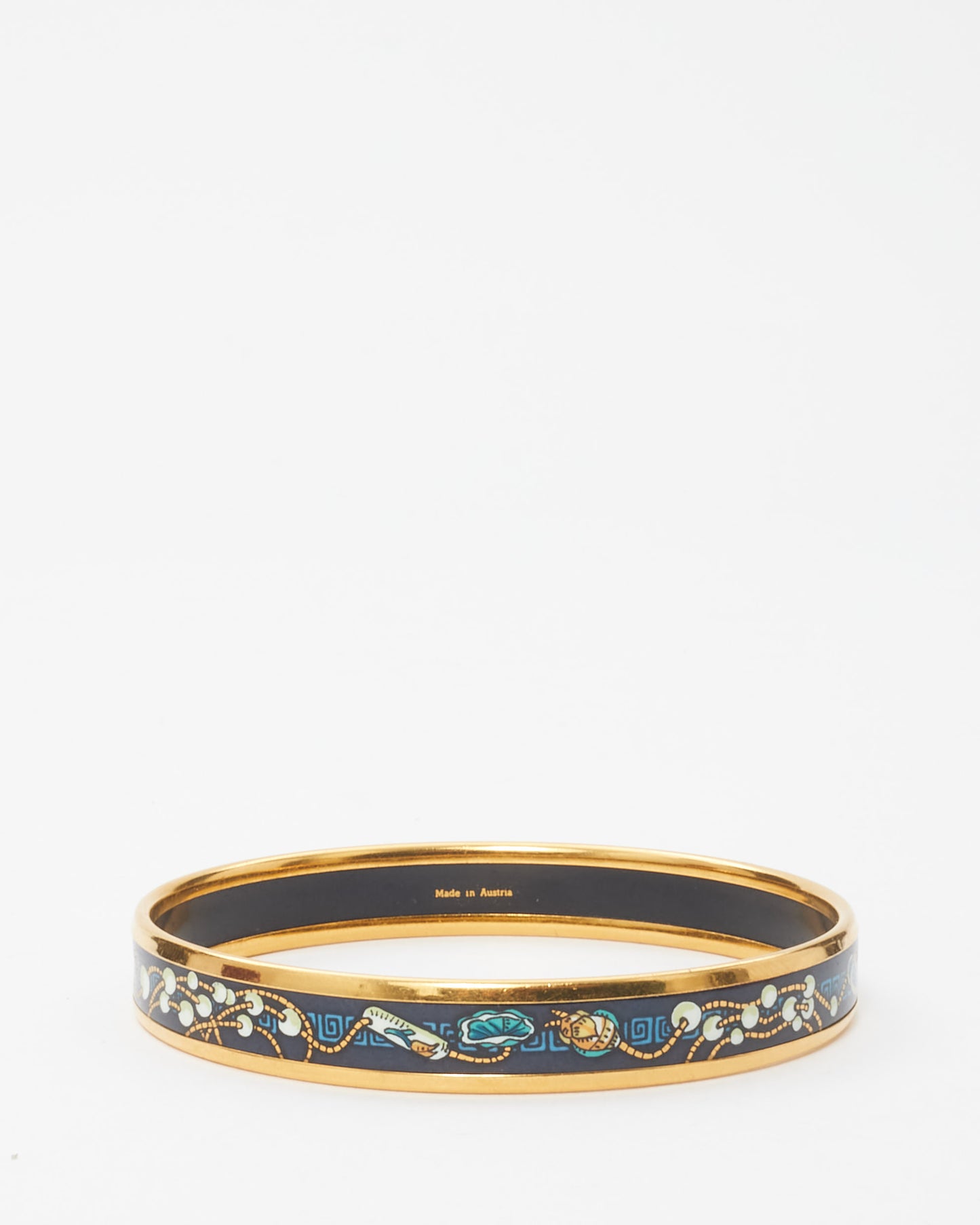 Hermès Gold 
Black Blue Pattern Enamel Thin Bangle