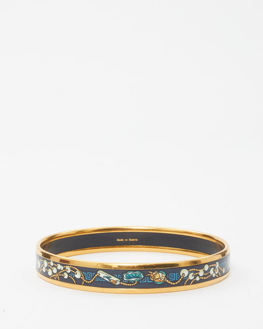 Hermès Gold 
Black Blue Pattern Enamel Thin Bangle