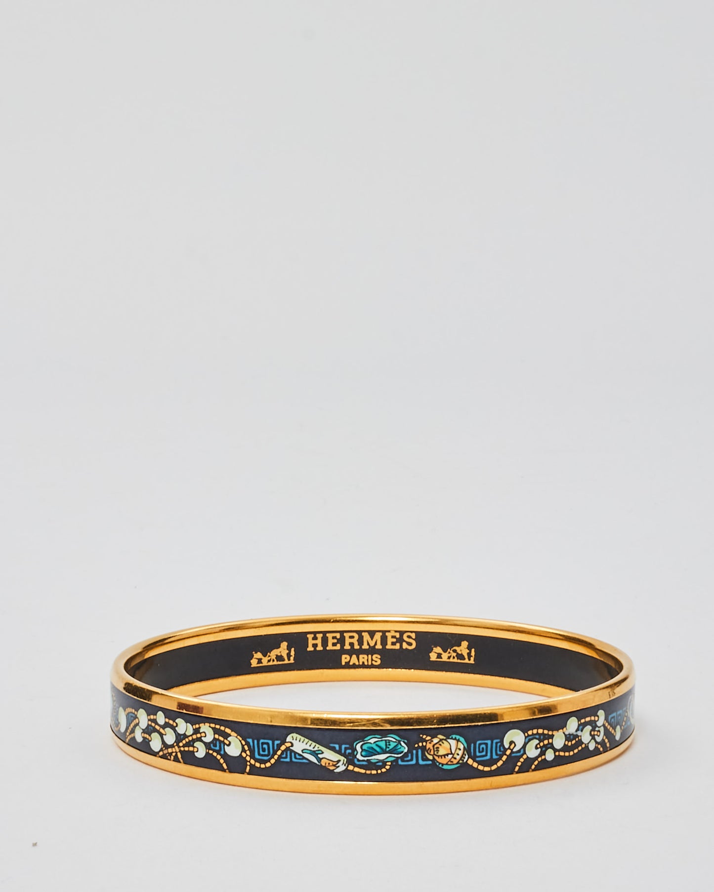 Hermès Gold 
Black Blue Pattern Enamel Thin Bangle