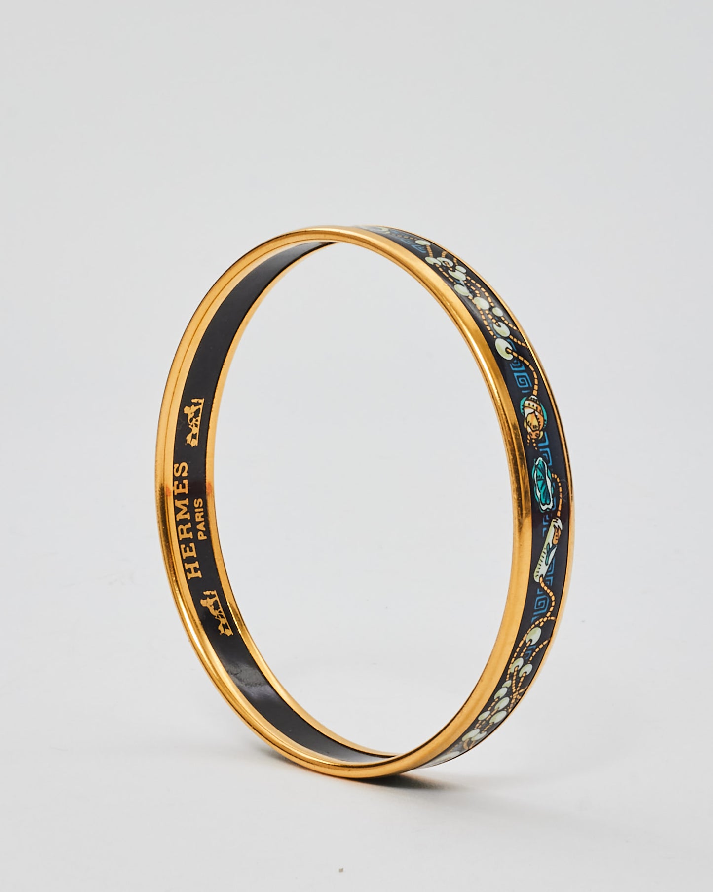 Hermès Gold 
Black Blue Pattern Enamel Thin Bangle